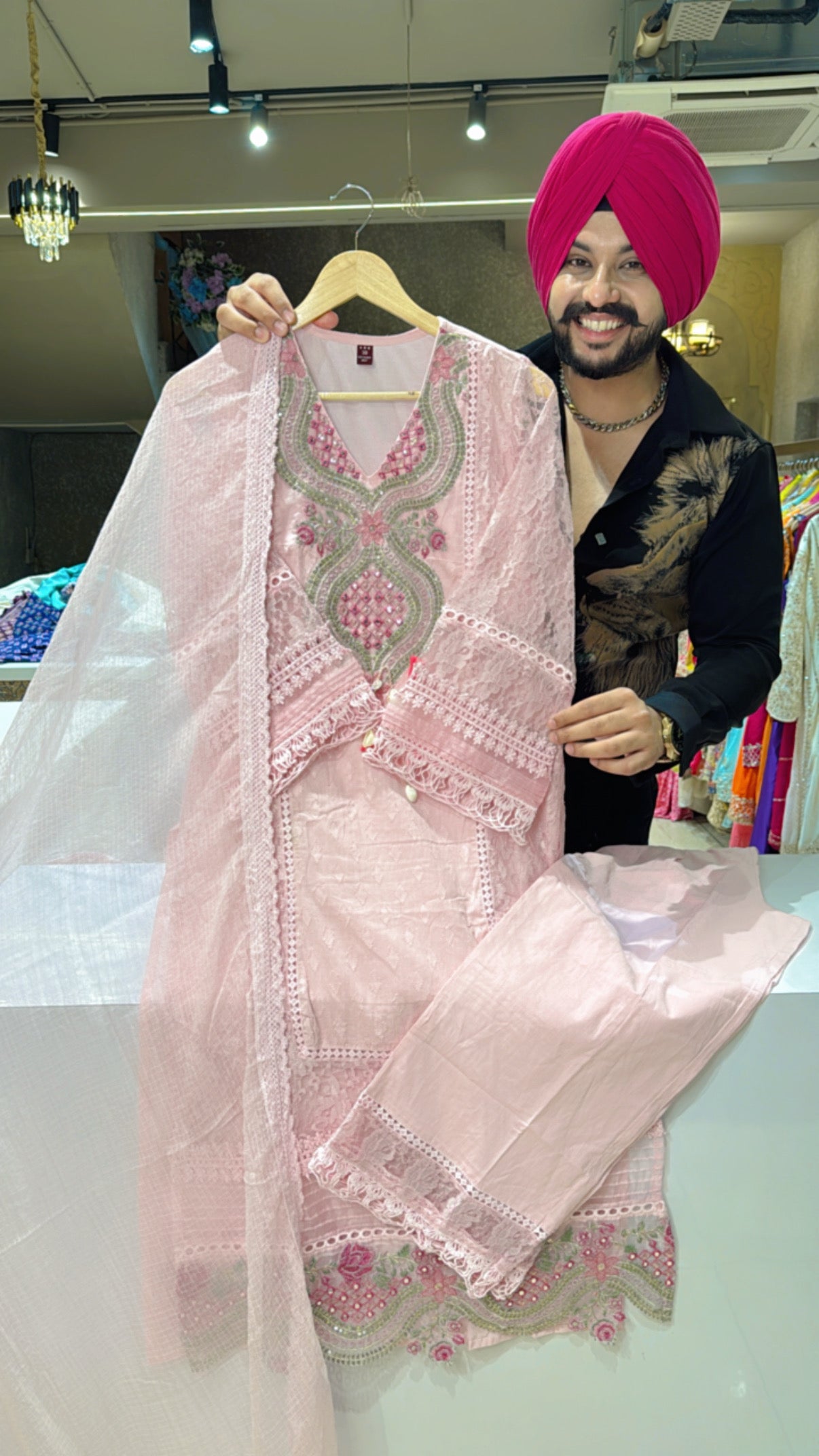Pastel Pink Pure Cotton Heavy embroidered & Crochet Lace Work Kashmiri Suit with Kota Doria Duppata