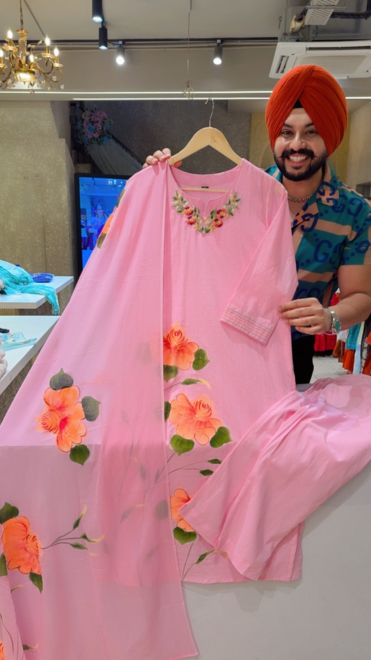 Pink Soft Cotton Hand Painted Summerish Suit with Hand embroidery Work on Neck & Beautiful Mal Cotton Hand painted Duppata