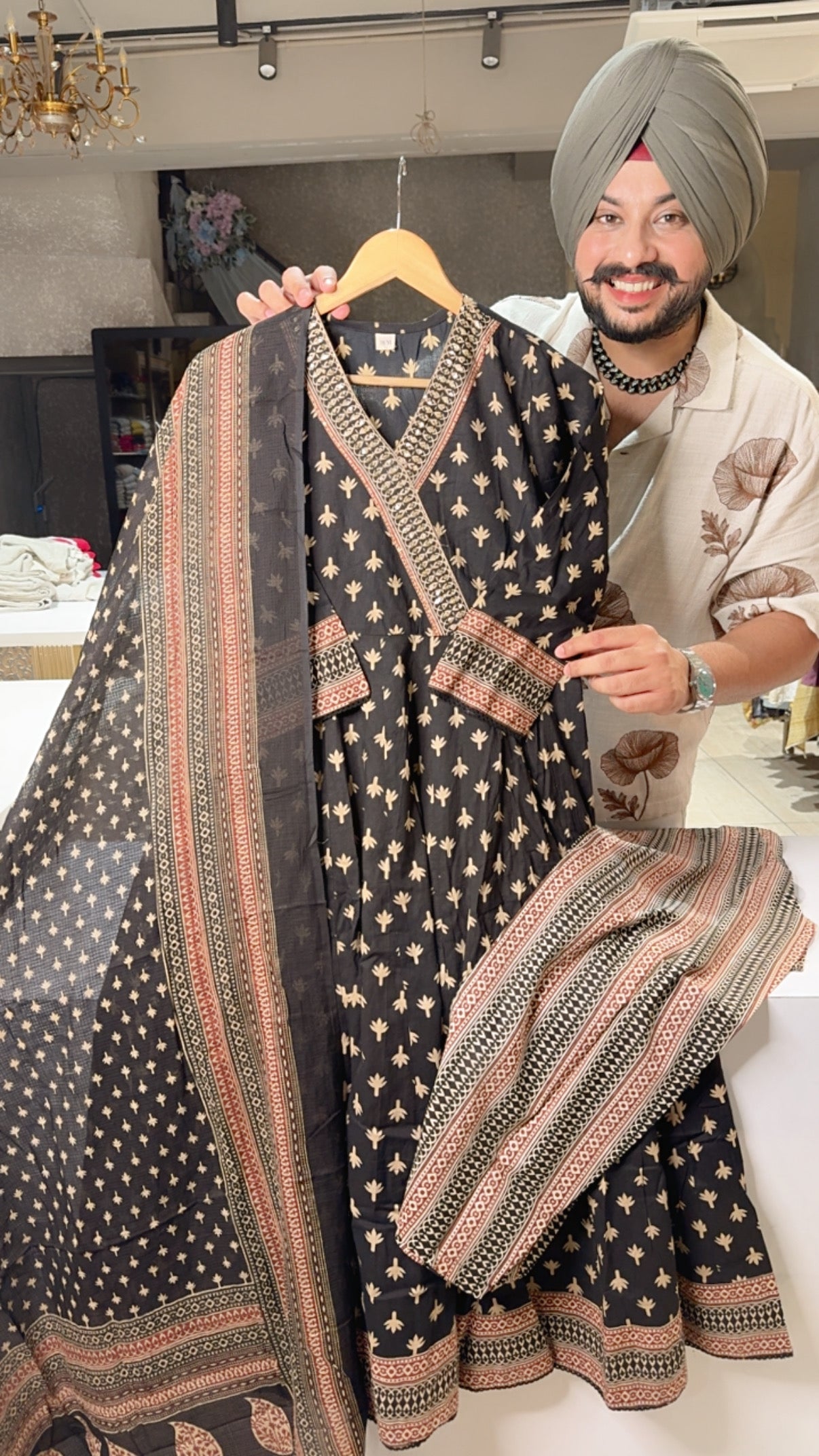 Black Pure Cotton office Wear Anarkali suit with Beautiful Kota Doria Duppata