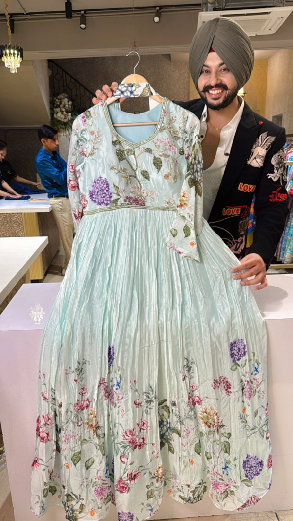 Light Blue Premium Chinon Floral Print Anarkali Gown With Beautiful Hand embroidery Work on neck & stylish Necklace Duppata