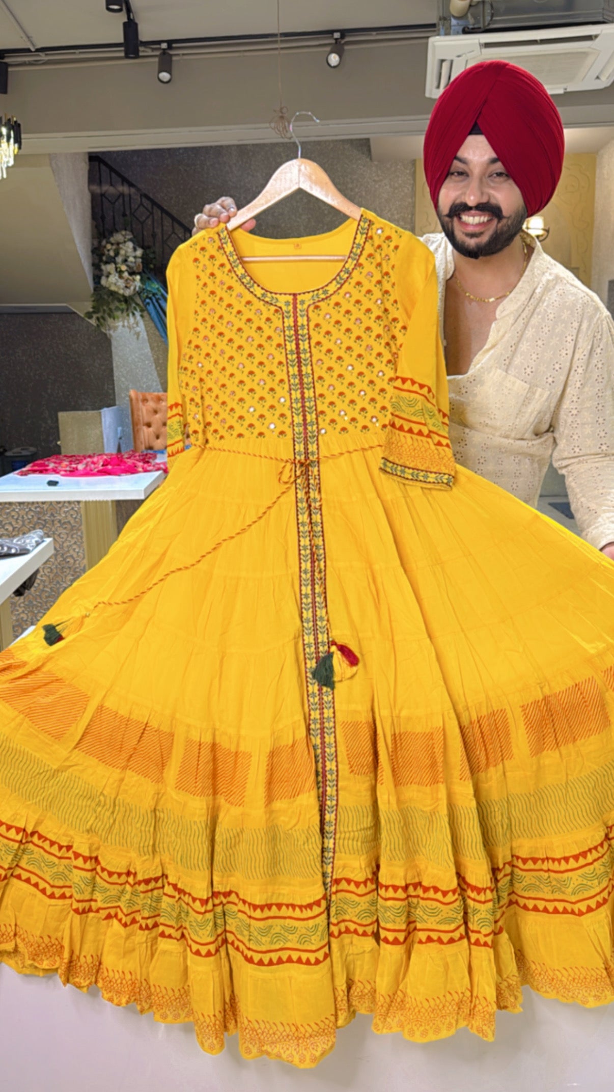 Yellow Mal Cotton Full Flair Indowestern Anarkali one piece Dress