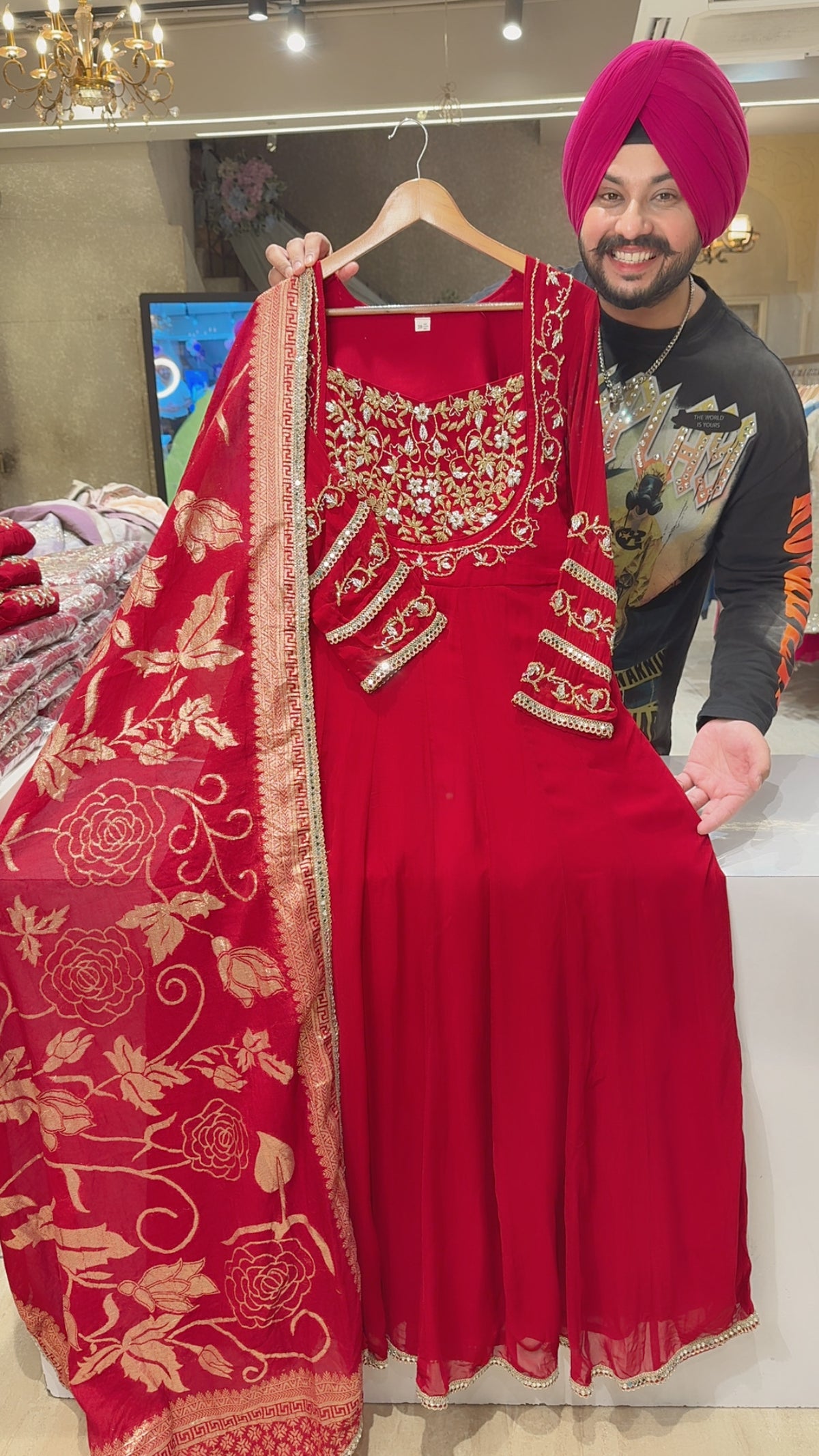 Deep Red Georgette Hand embroidered Full Flair Anarkali Gown With Banarasi Look Duppata