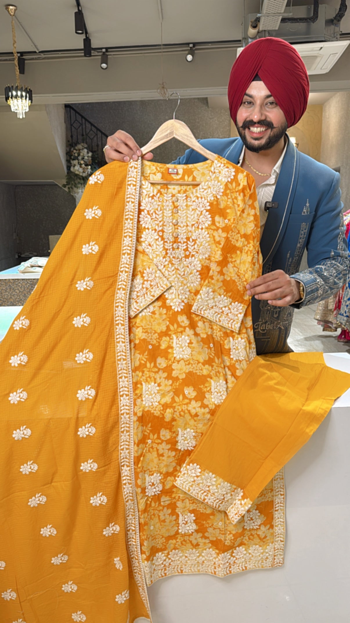 Yellow Pure Cotton heavy embroidered Suit with Kota Doria Embroidered Duppata