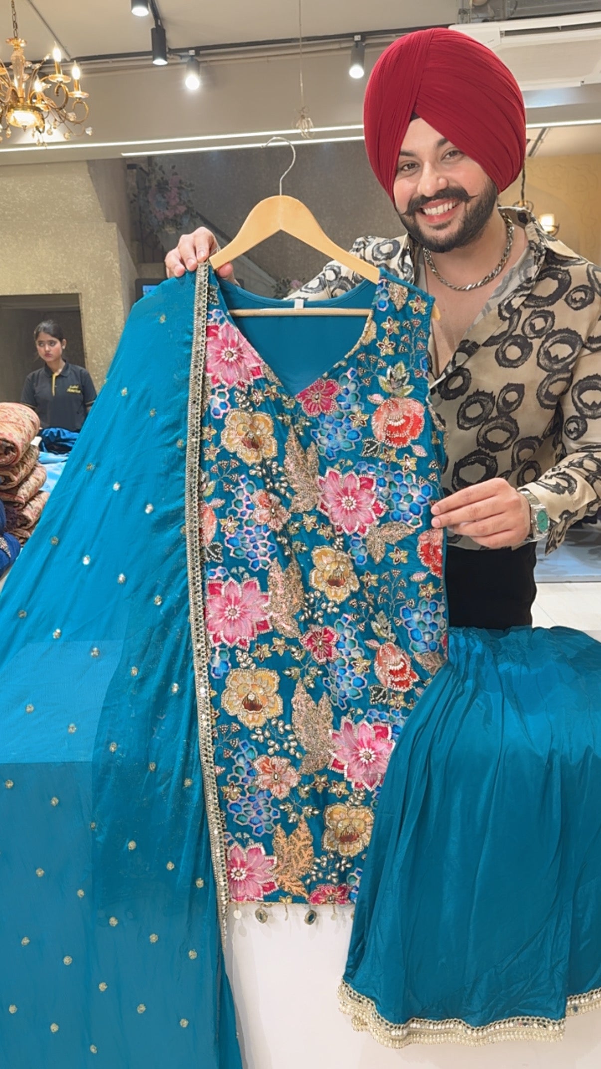 Firozi Crepe Heavy Hand embroidered Full Flair Cut Sleeves Sharara Set with Sequins Work Chinon Duppata