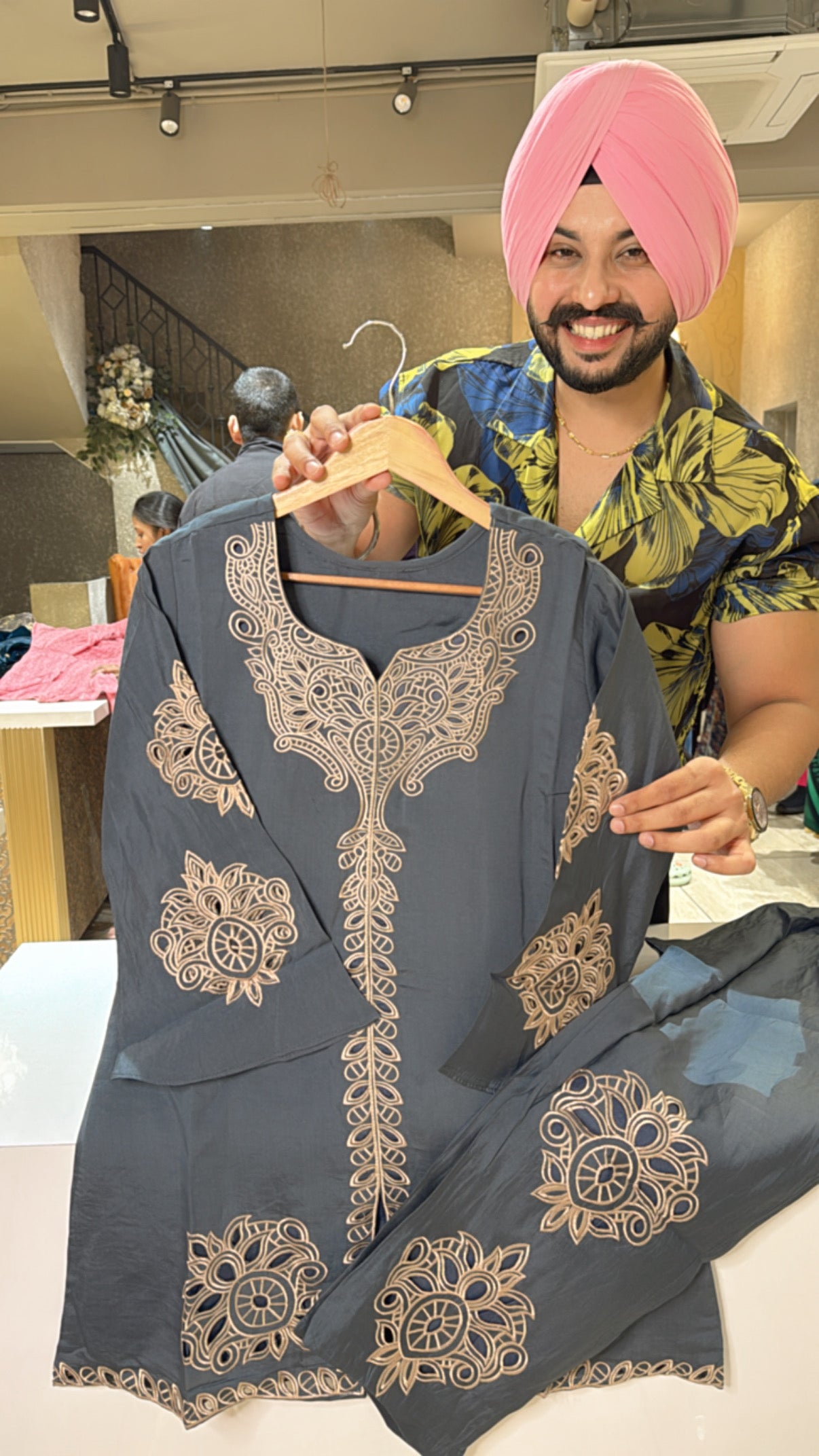 Denim Grey Muslin Silk Coord set with Beautiful embroidery & Cut work on it