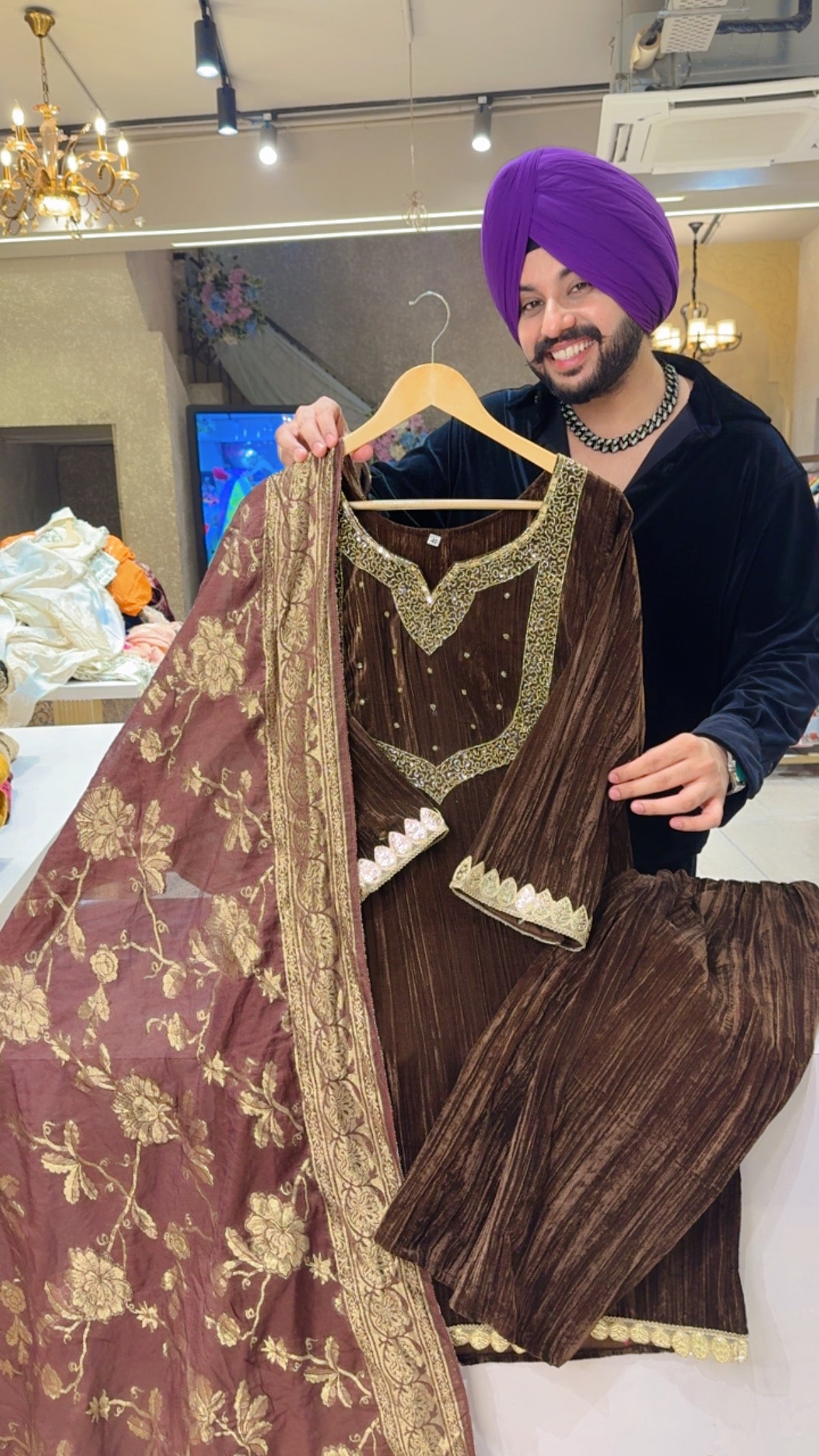 Chocolate Brown Crush Velvet Hand Embroidered suits with Banarasi look Duppata