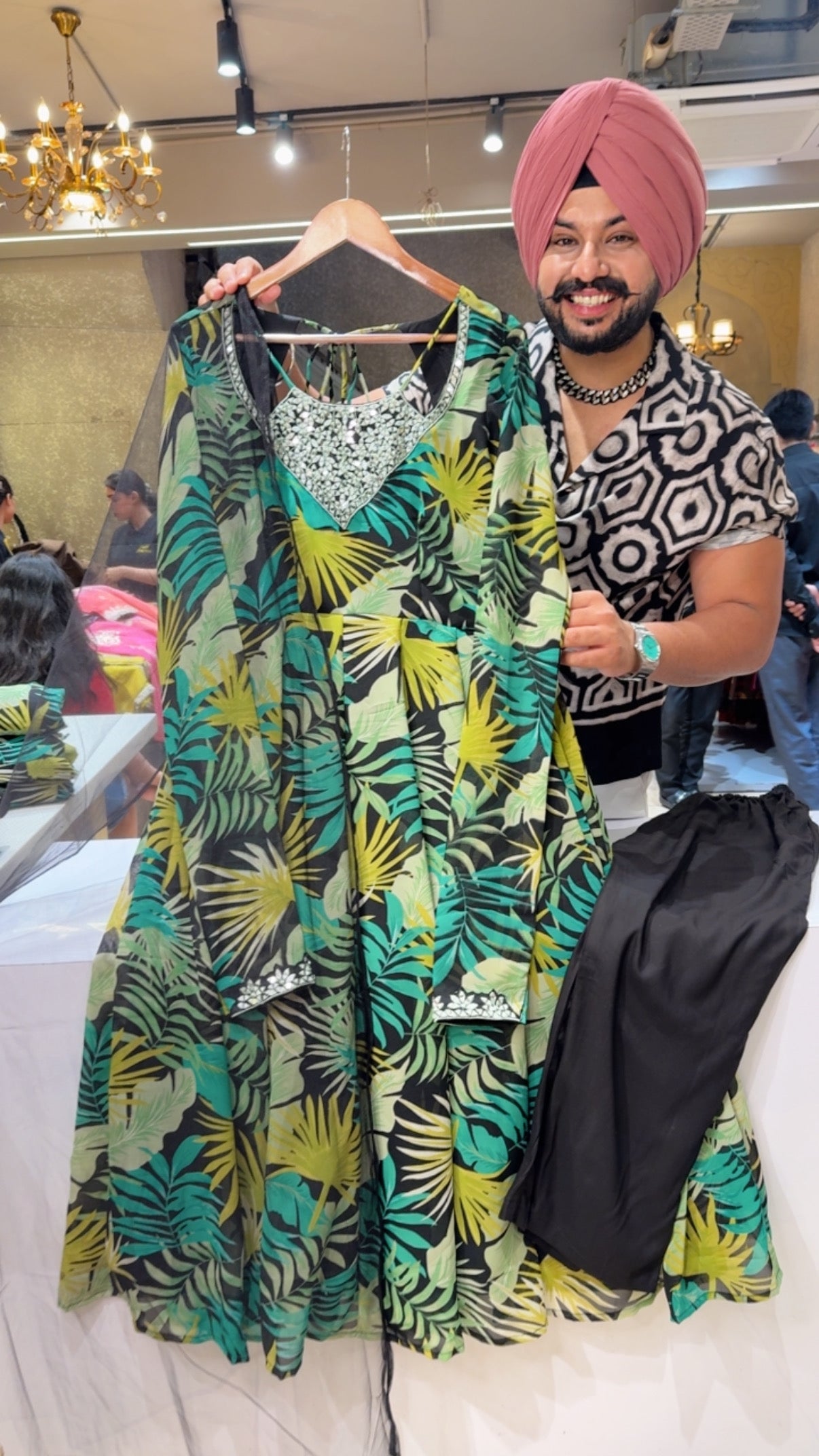 Black & Green Georgette Girlish Semi Backless Anarkali Suit with Mirror work on Designer Neck