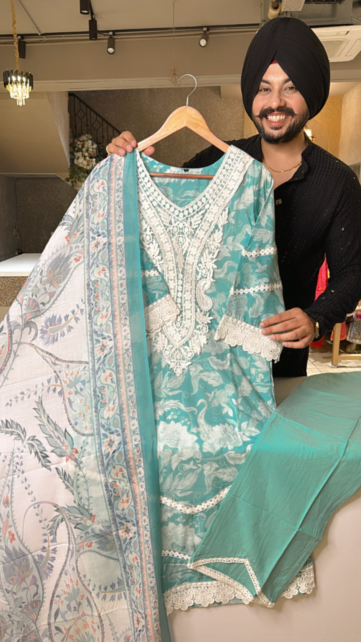 Light Sea Green super Soft Pakistani Suit With Crochet Lace on neck