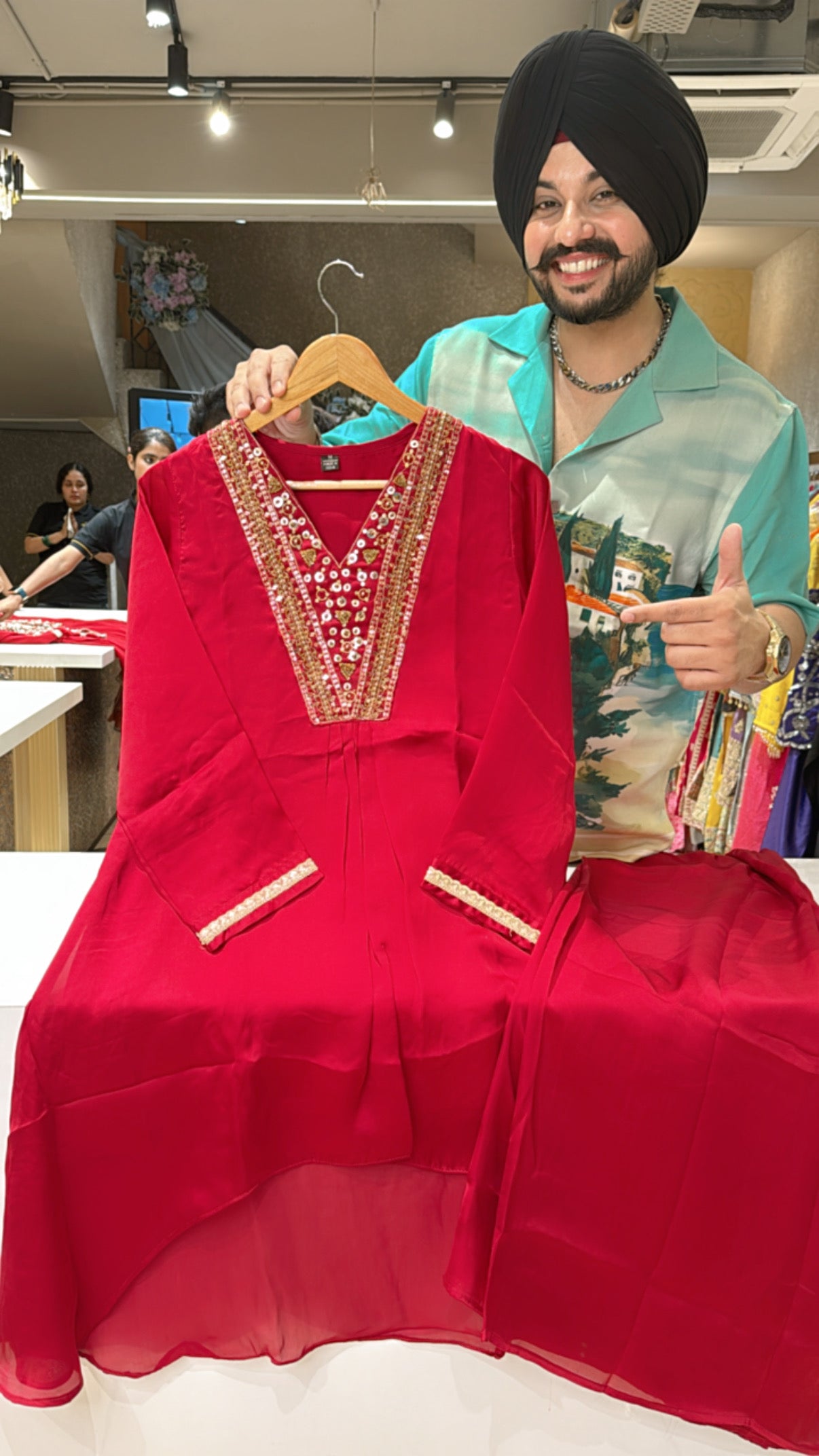 Redish Maroon Satan silk Designer High low Plazo coord set with Beautiful Hand Embroidery Work on neck