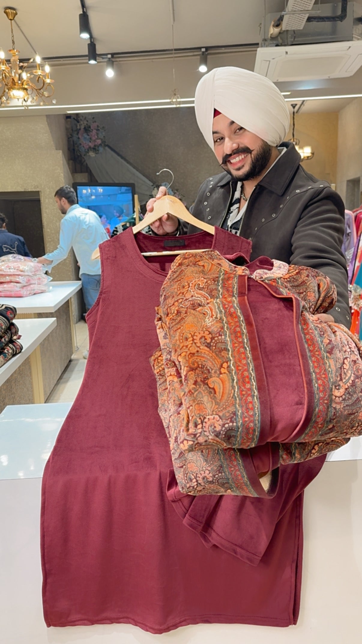 Maroon Stretchable Velvet long Length Coord set with Stylish Velvet Shrug