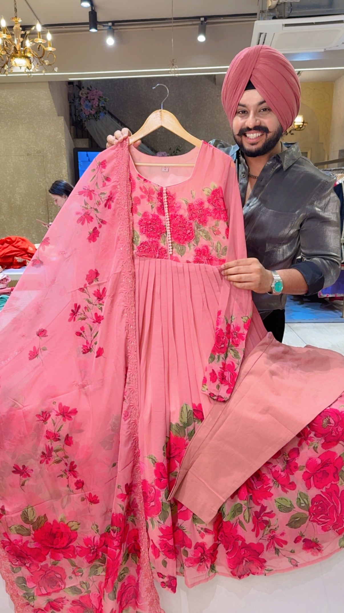 Pink Chiffon Full Flair Floral Print Anarkali Suit with Beautiful Hand embroidery Work on neck & Sequins Work Organza Duppata