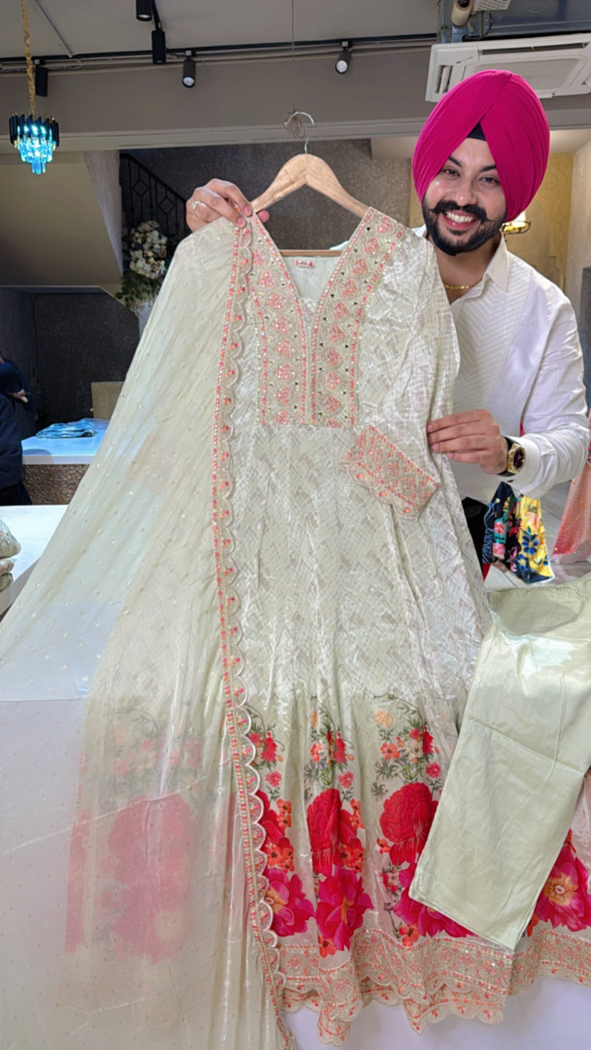 Light Pista Chinon Floral Print Full Flair embroidered Anarkali suit with beautiful Duppata