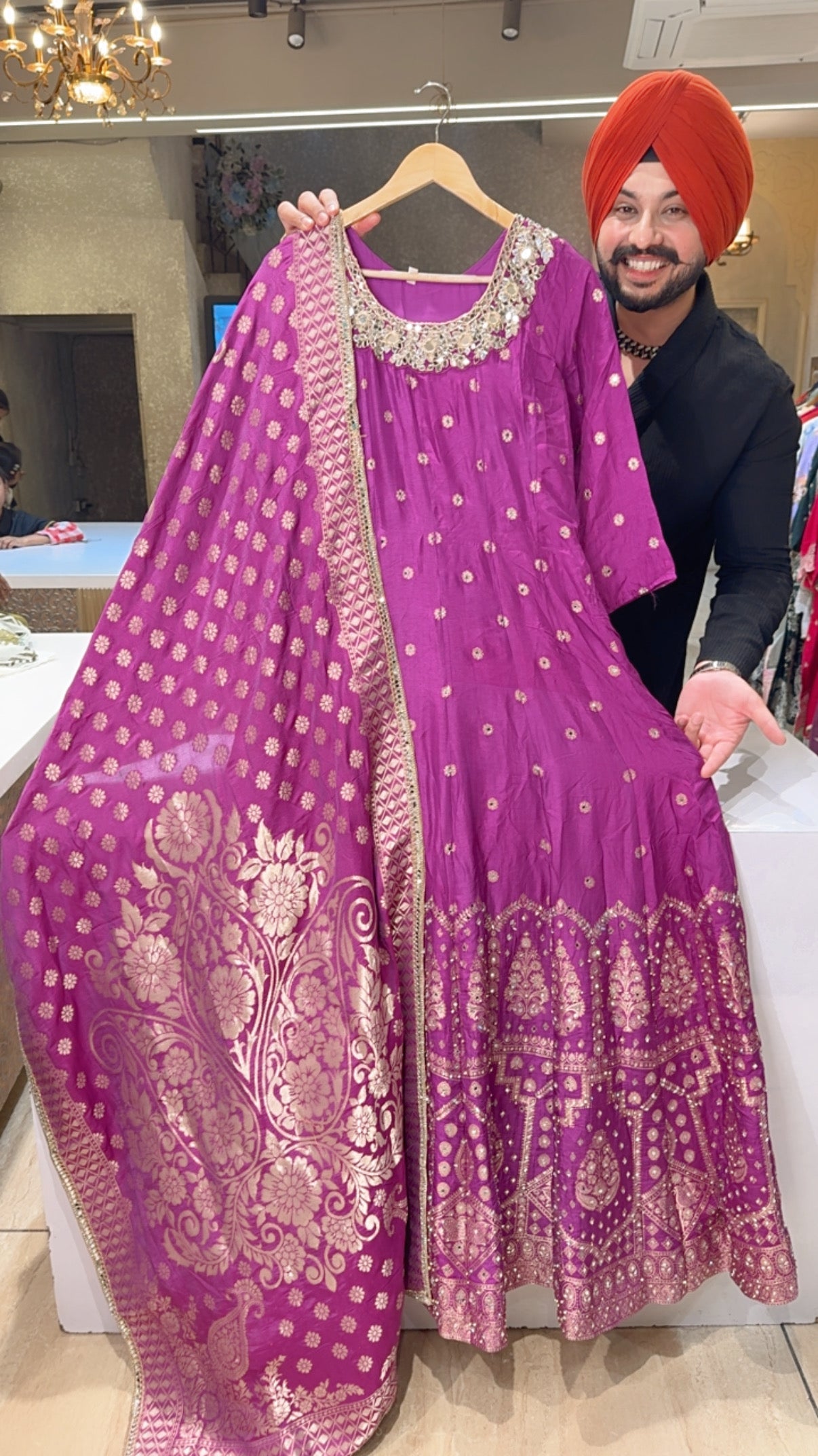 Fushia Colour Soft Silk Full Flair Hand Embroidered & Mirror Pasting Anarkali Gown With Heavy Banarasi Border & Duppata