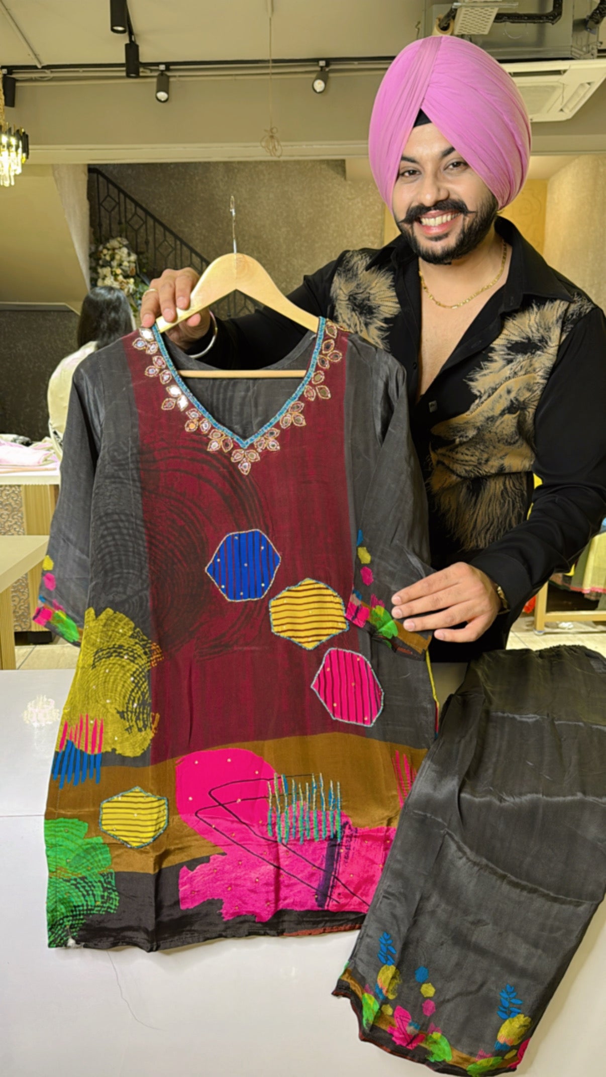 Dark Grey & Multicolored Crepe Hand embroidered & mirror work Coord set