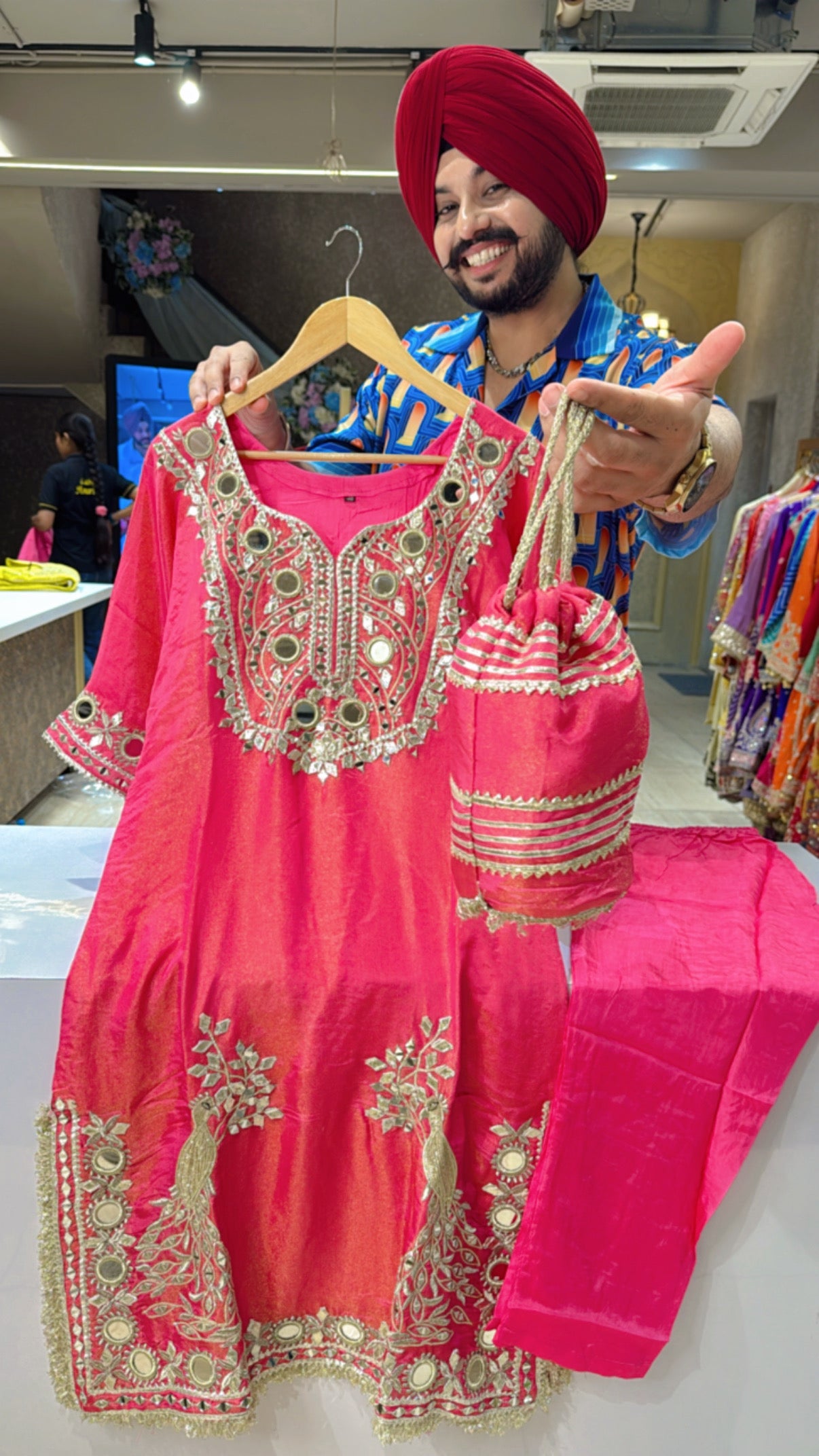 Hot Pink Shimmer Organza Heavy Mirror & Gotta Hand embroidered Choga Coord set with Cute Potli