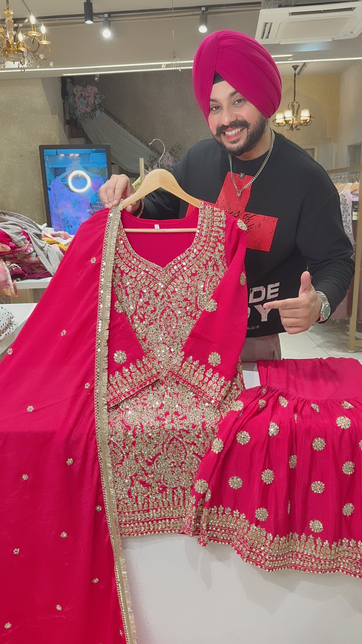 Rani Pink Fully Hand embroidered & Mirror Pasting Party Wear Garara suit