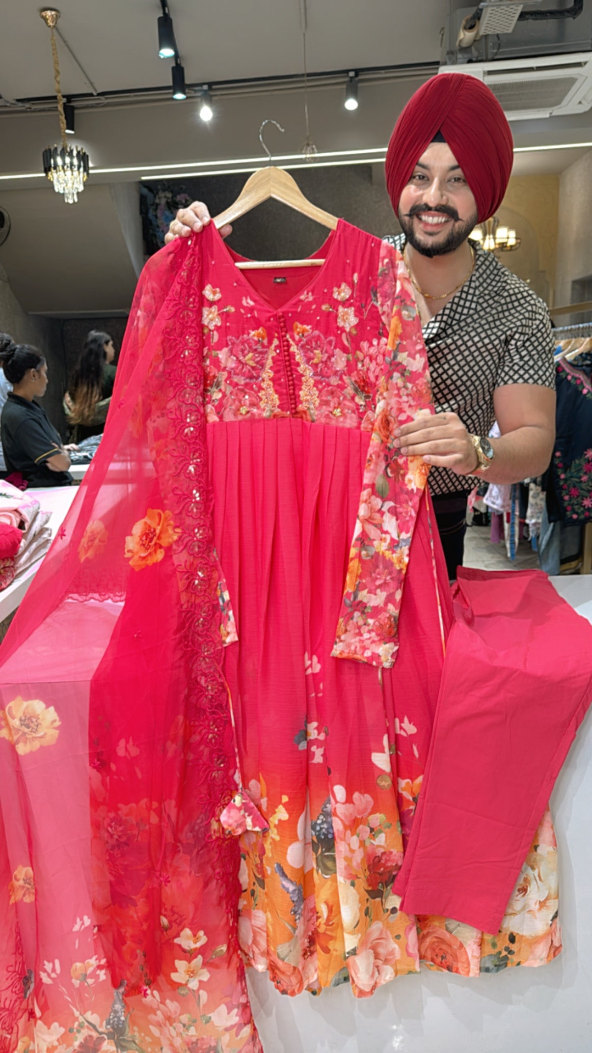 Vibrant Pink Soft Chiffon Hand Embroidered Full Flair Anarkali Suit with Beautiful Embroidered Organza Duppata