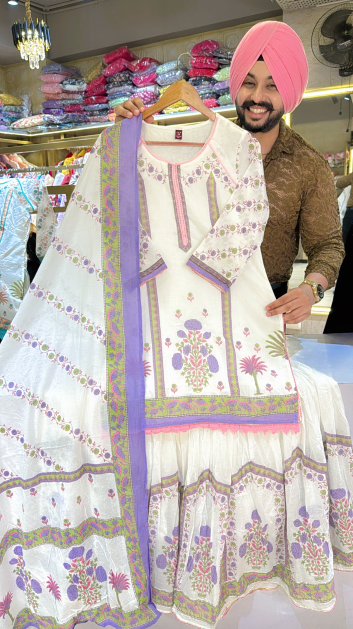 Moon White & Lavender Mal Cotton Full Flair Garara Suit with Mal Cotton Duppata
