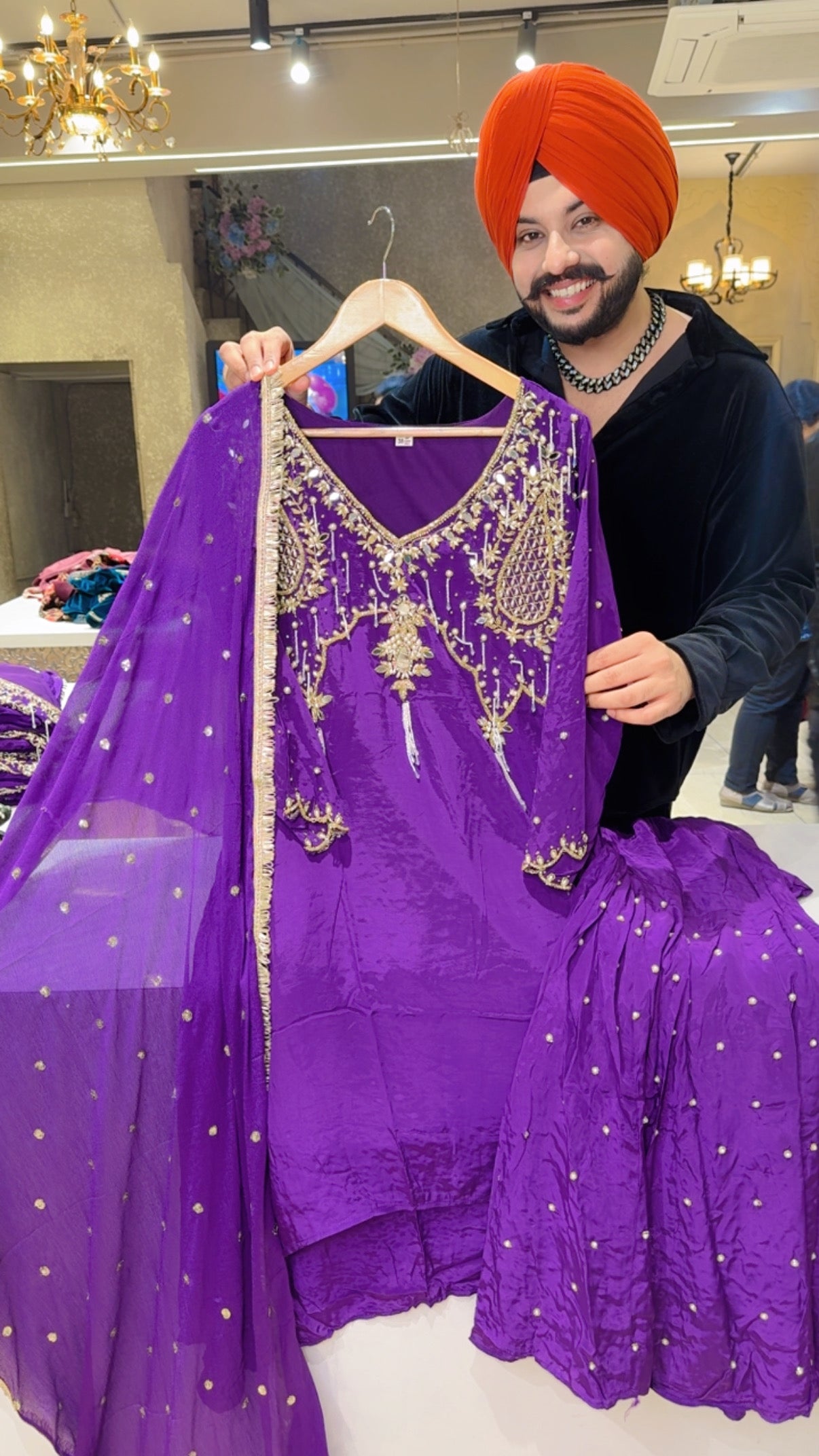 Purple Crepe Designer High Low Hand Embroidered Garara suit with Chinon Duppata Product code