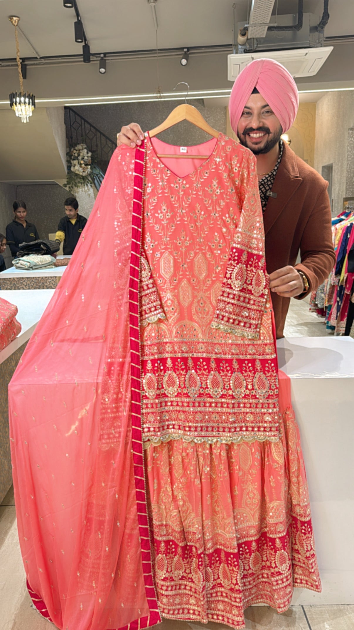 Peachish pink Georgette Heavy embroidered Garara Suit