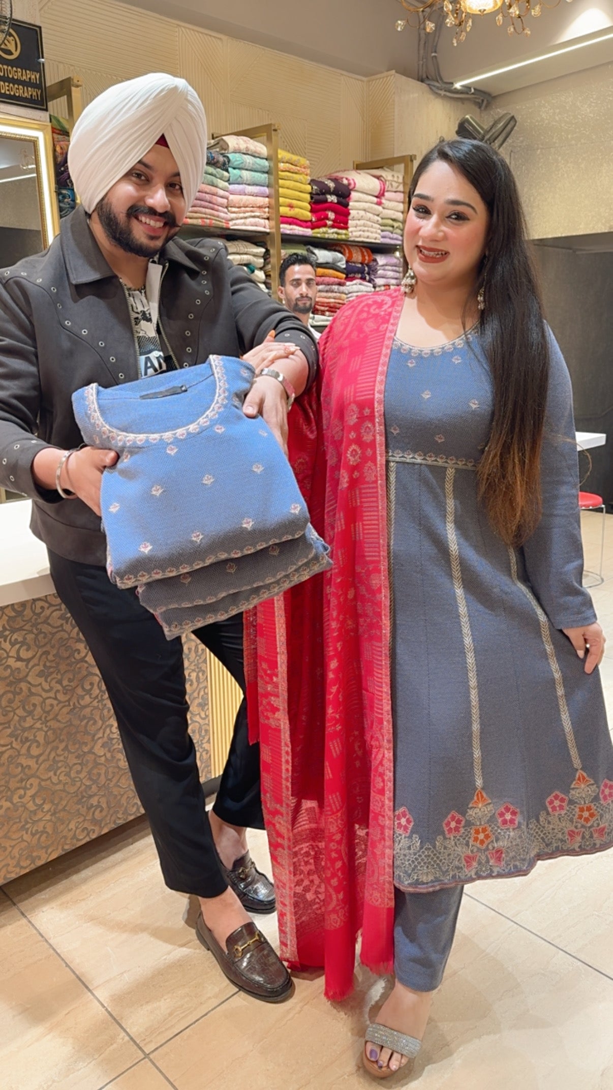 Blueish Grey Embroidered Woolen Anarkali Suit with Beautiful Pink Banarsi Duppata