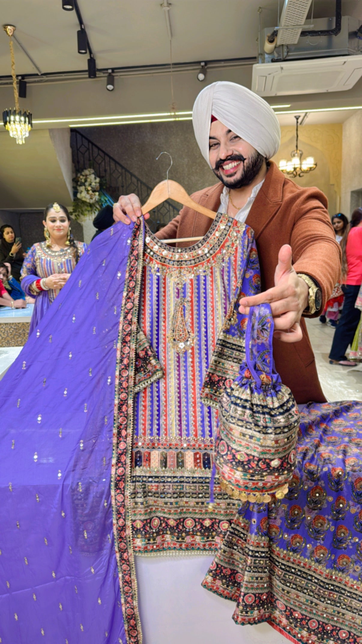 Purple premium Velvet Heavy embroidered Indowestern Suit with Potli