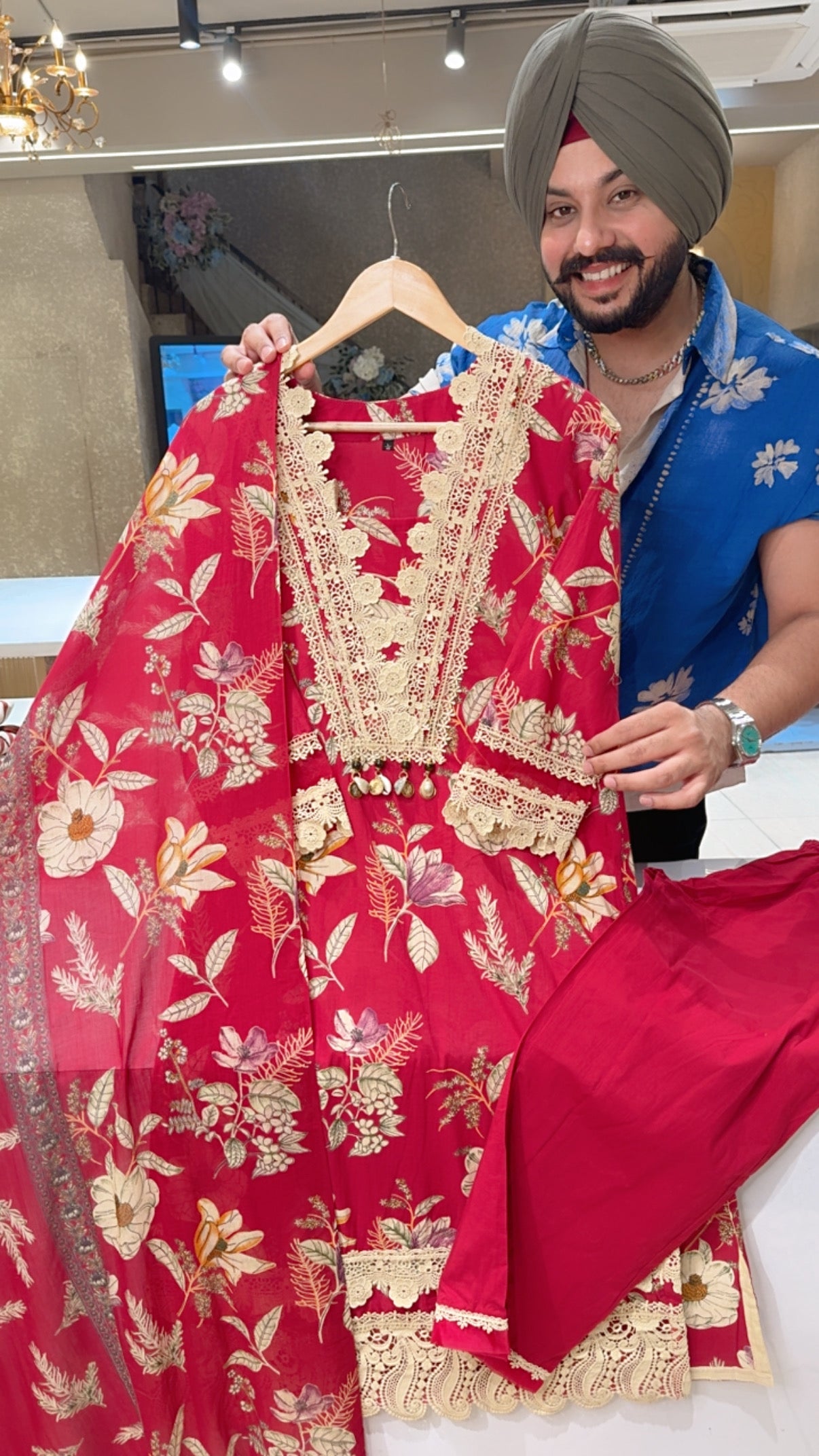 Rani Pink Floral Print Cotton Crochet Lace heavy Kashmiri suit