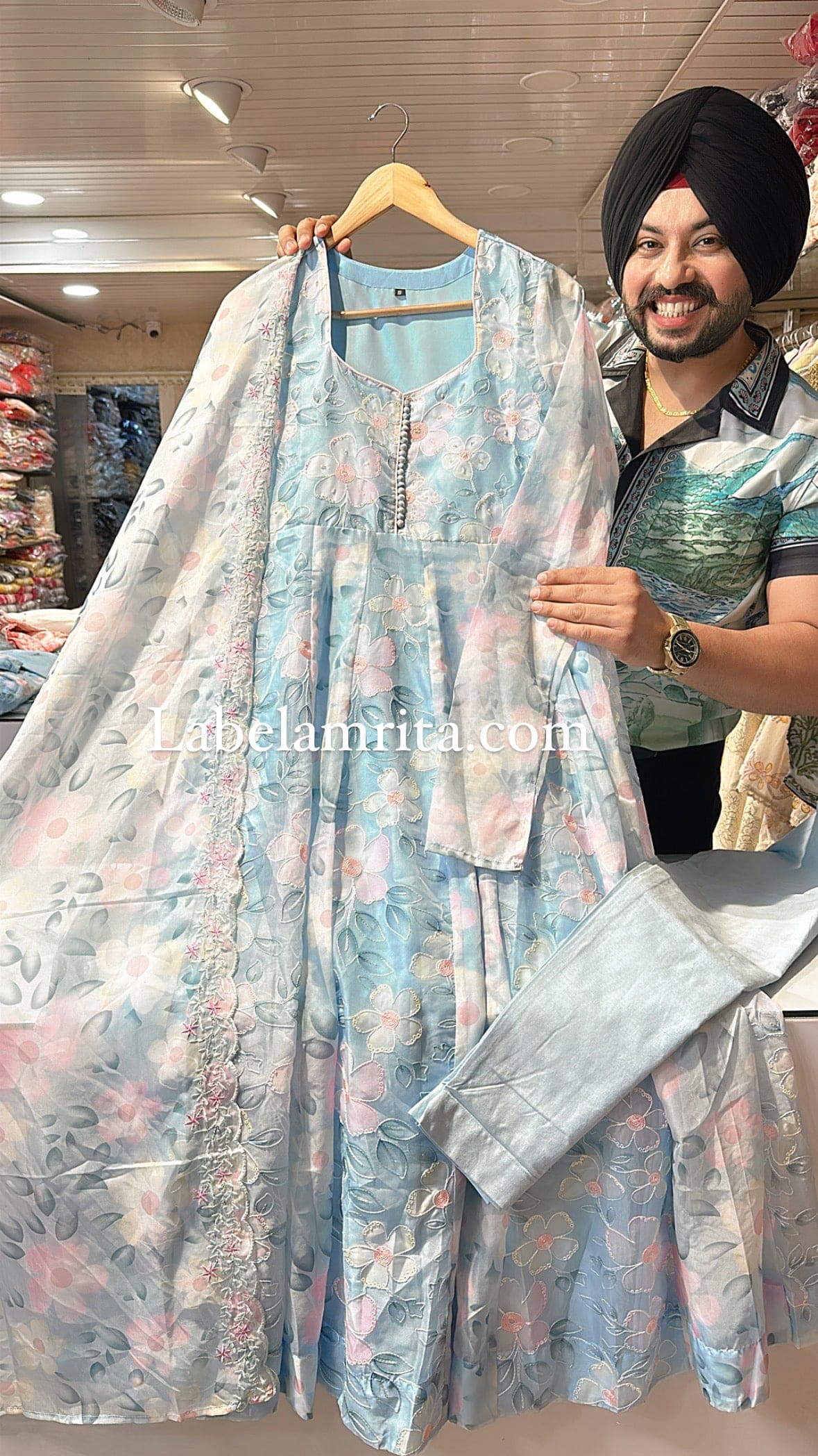 Light blue Organza premium embroidered Anarkali suit with Beautiful Duppata