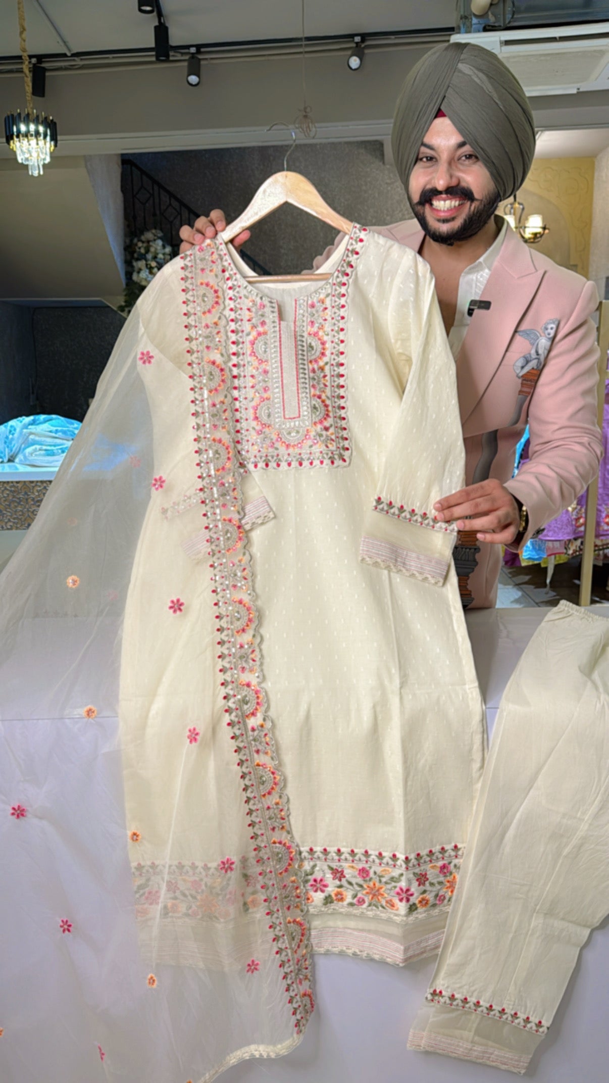 Off white Kora Cotton Heavy embroidered Pakistani Suit with Organza Embroidered Duppata
