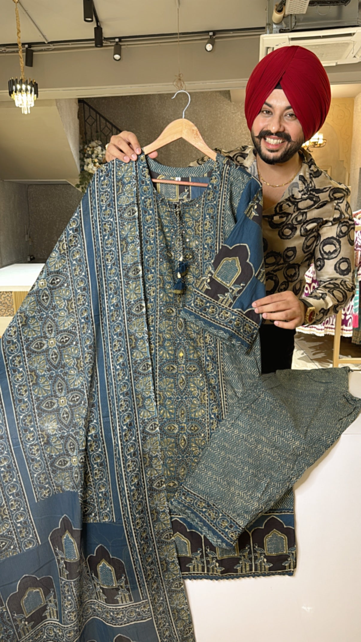 Indigo Print Mirror Work Pure cotton Office Wear suit with Beautiful Duppata