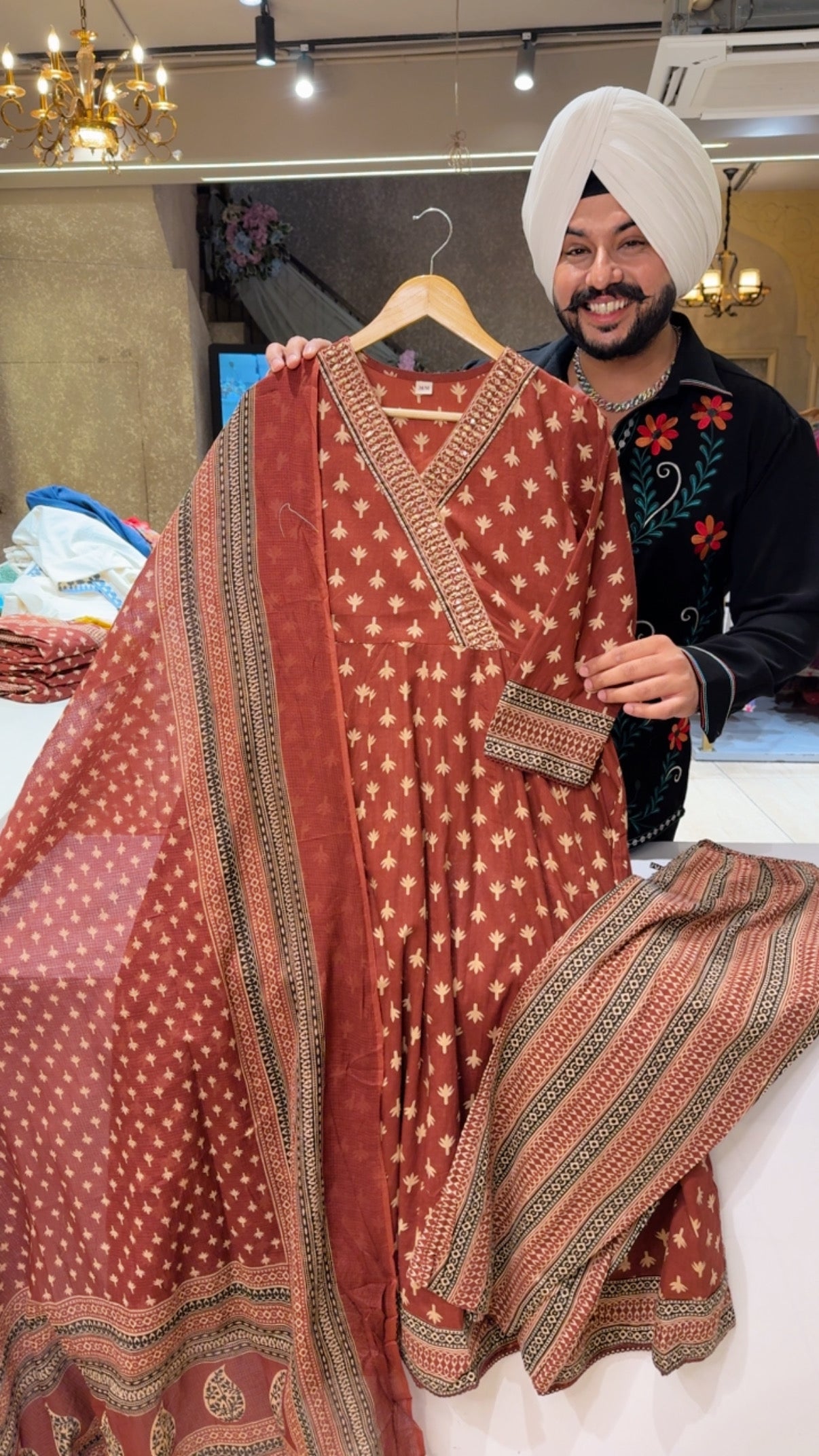 Deep Rust Pure Cotton office Wear Anarkali suit with Beautiful Kota Doria Duppata