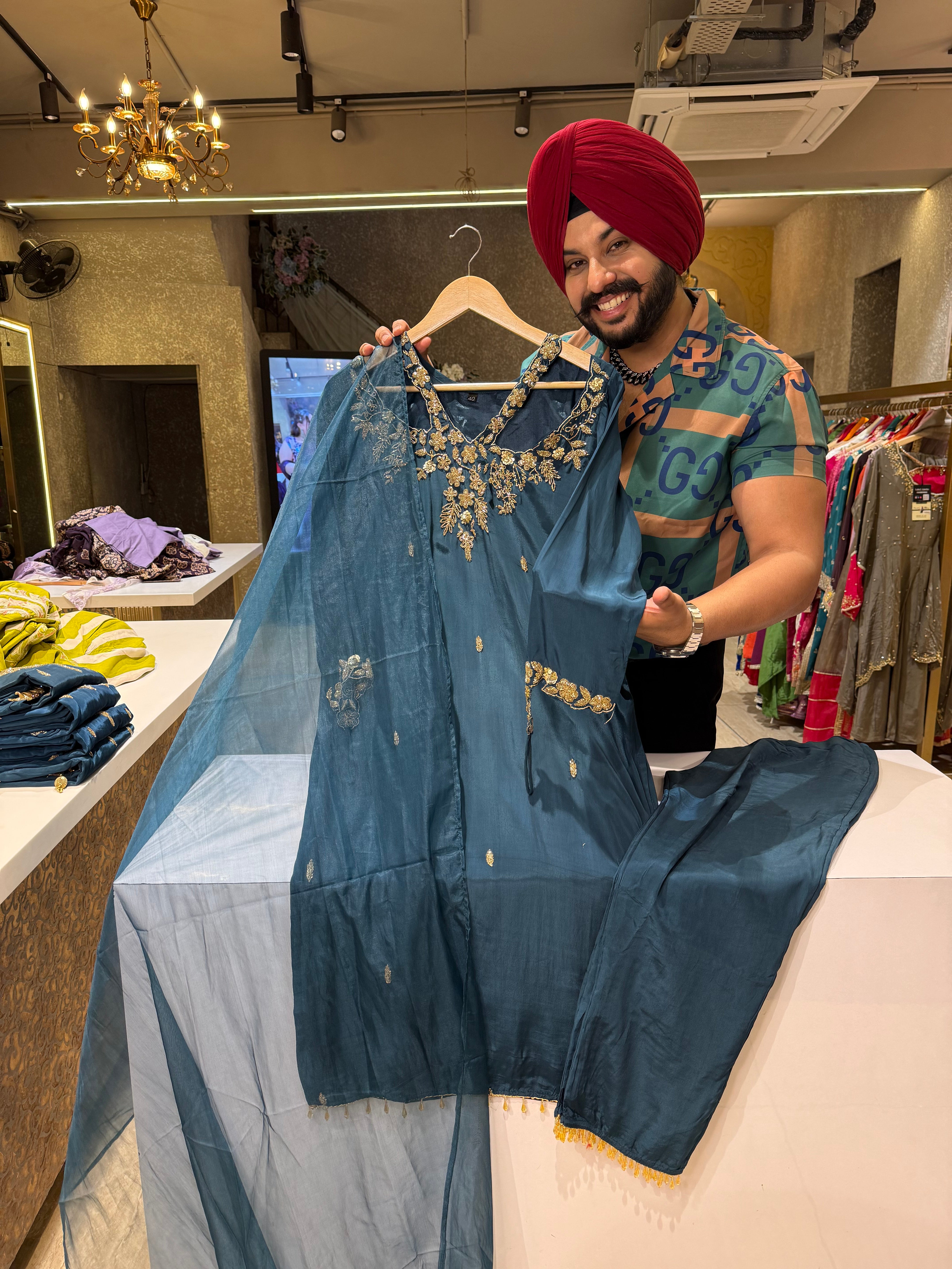 Teel Colour Heavy Handwork Designer Neck & Ring Straight suit with Beautiful Duppata