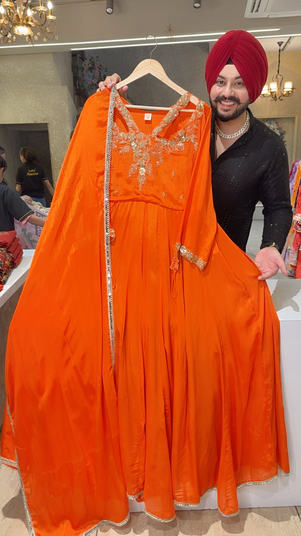 Orange Designer Neck & Sleeves Hand Embroidered Georgette Anarkali Gown