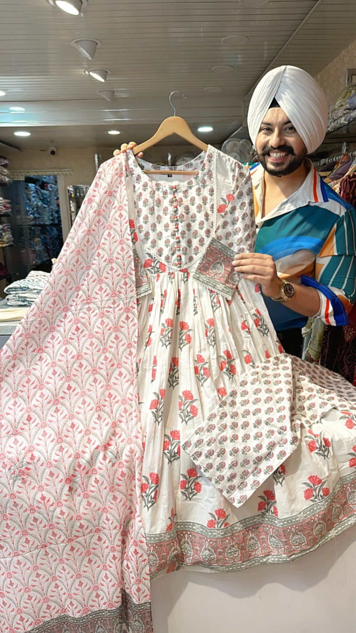 Moon white & Gajri Pure Cotton Anarkali Suit with Full length Duppata