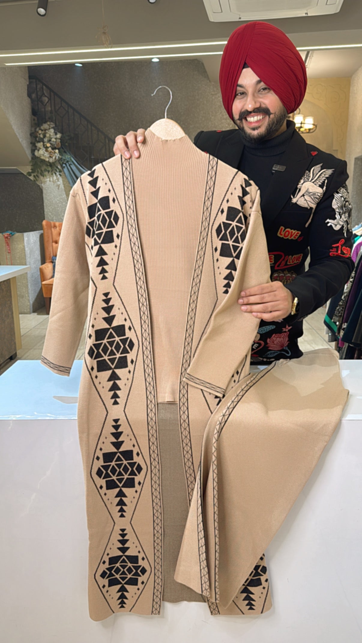 Beige imported woolen Coord set with Stylish shrug