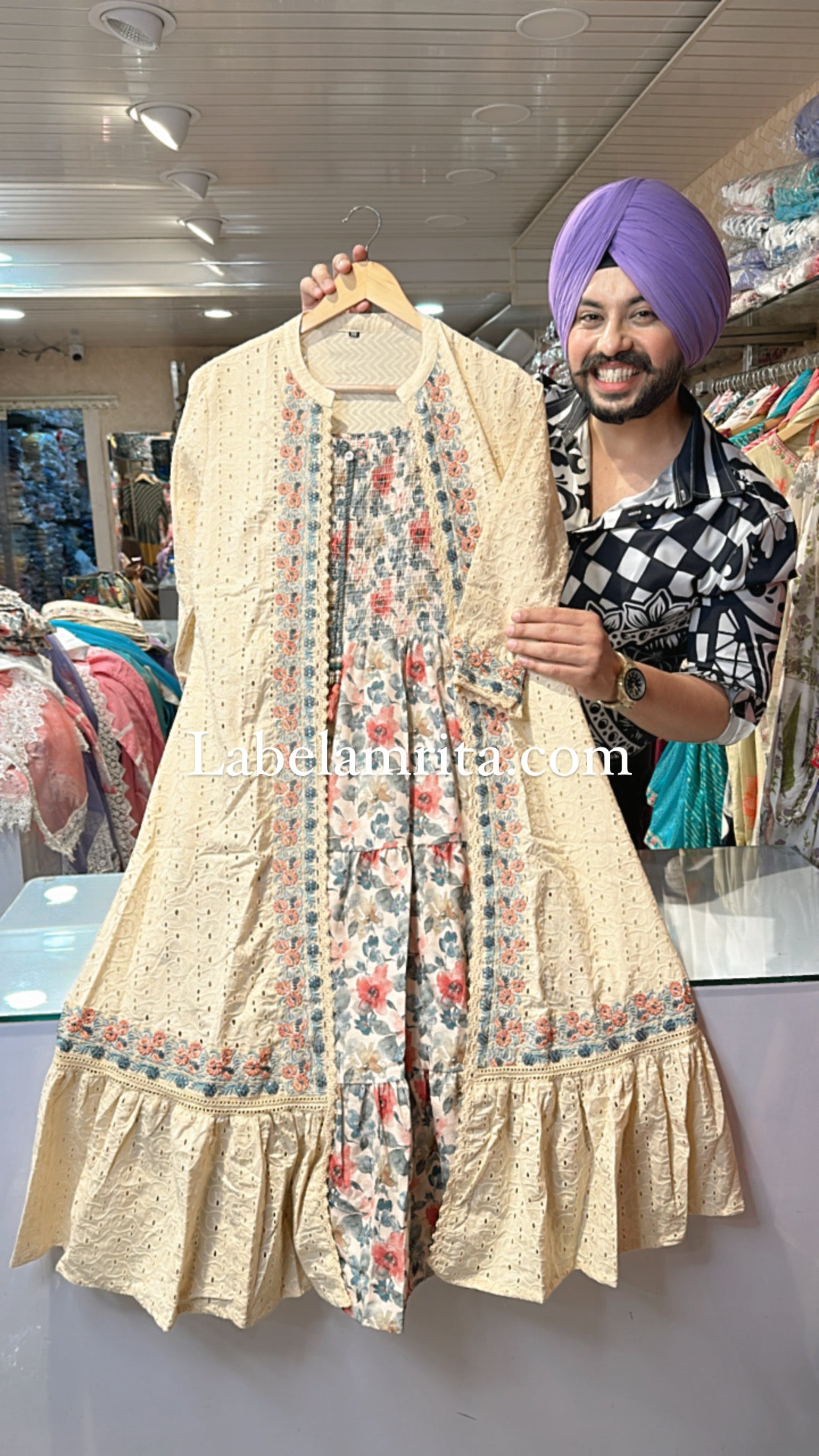 Pure Cotton printed Indowestern Dress with Beautiful light biege embroidered Shrug