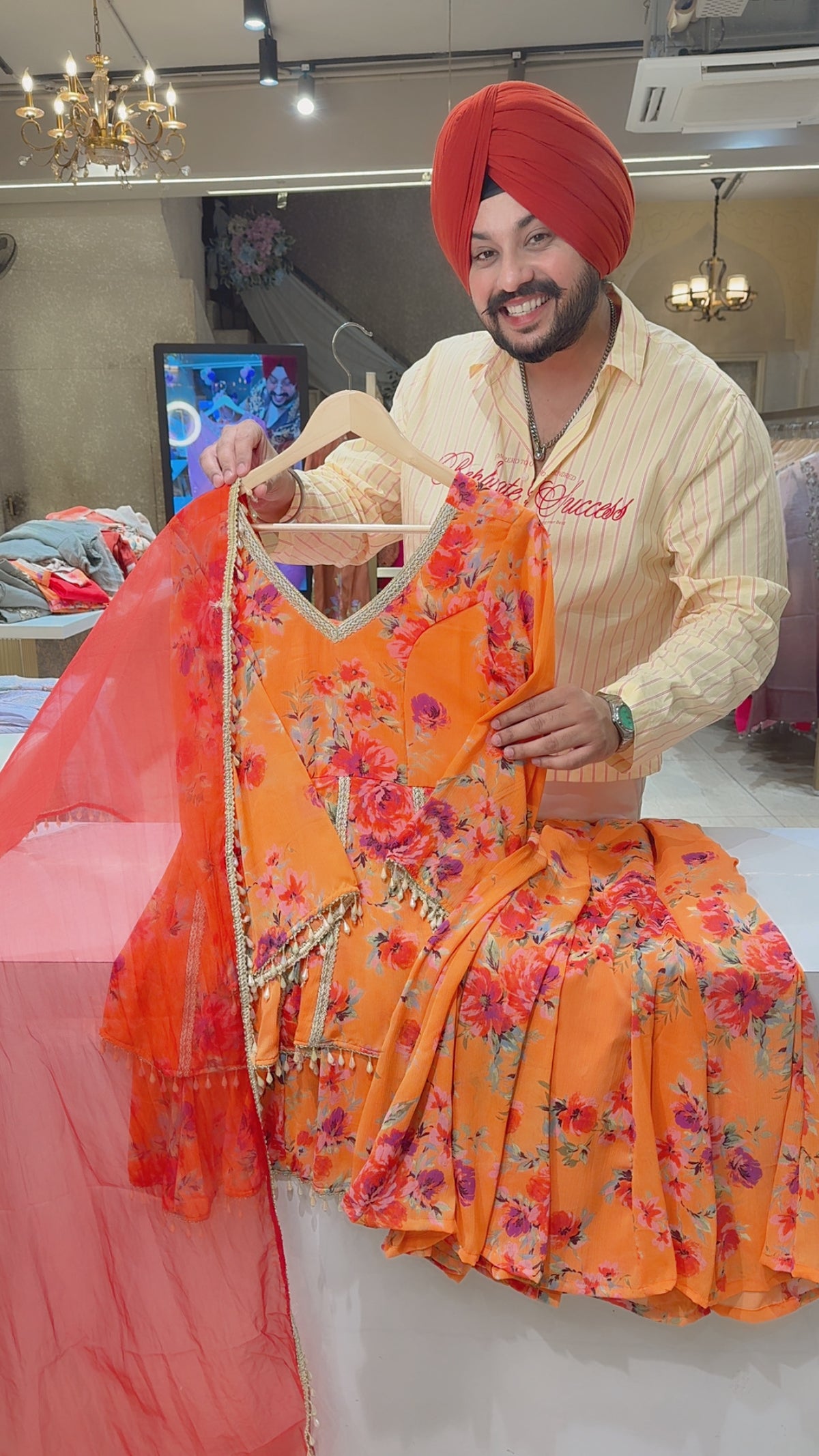 Orange Chiffon Pearl work Double Layer Paplum Sharara Suit