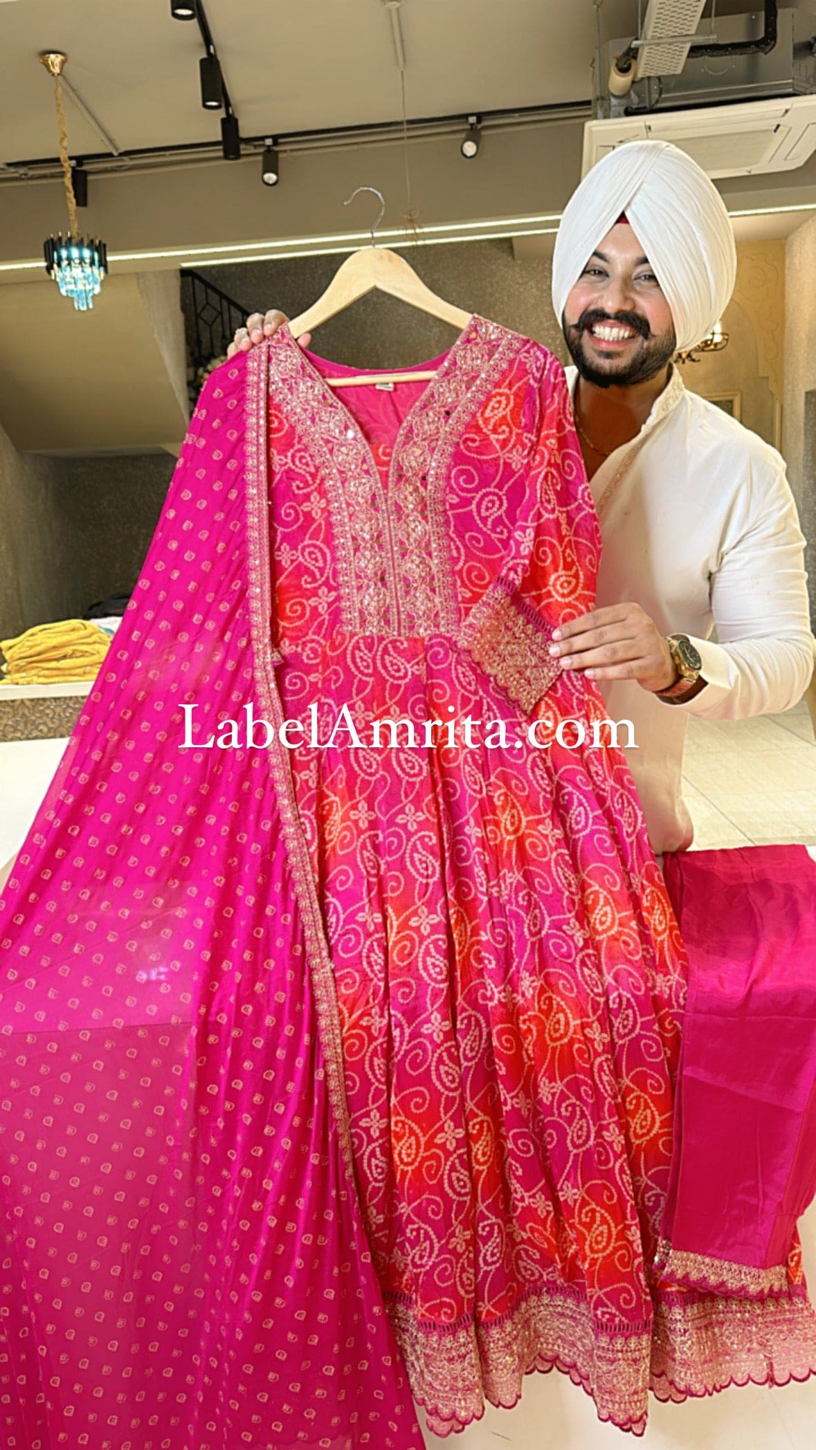 Rani pink Chinon Bandhej Print Anarkali Suit with Beautiful Duppata