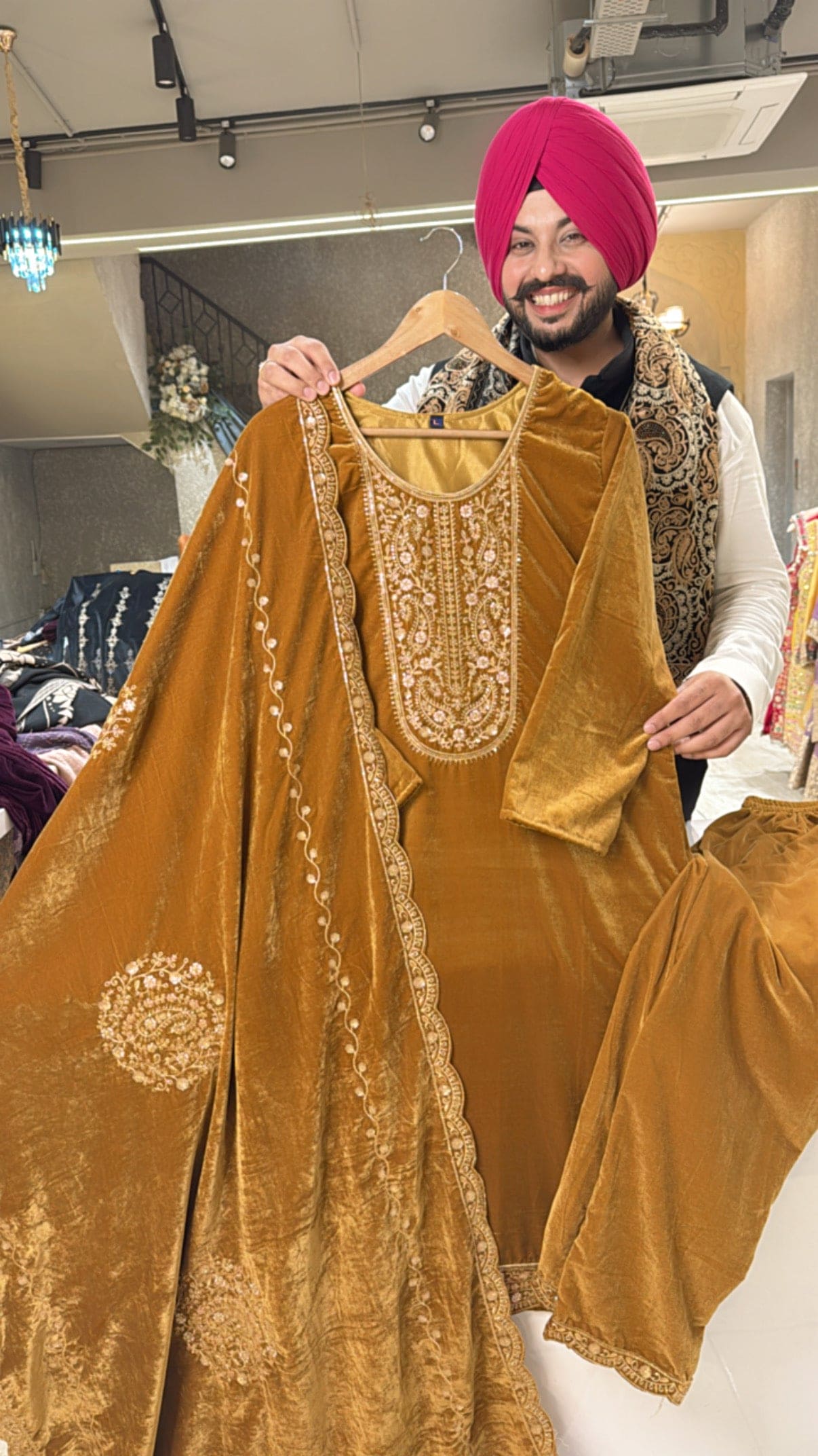 Golden Mustard Premium Velvet Embroidered Straight Suit with Heavy Duppata