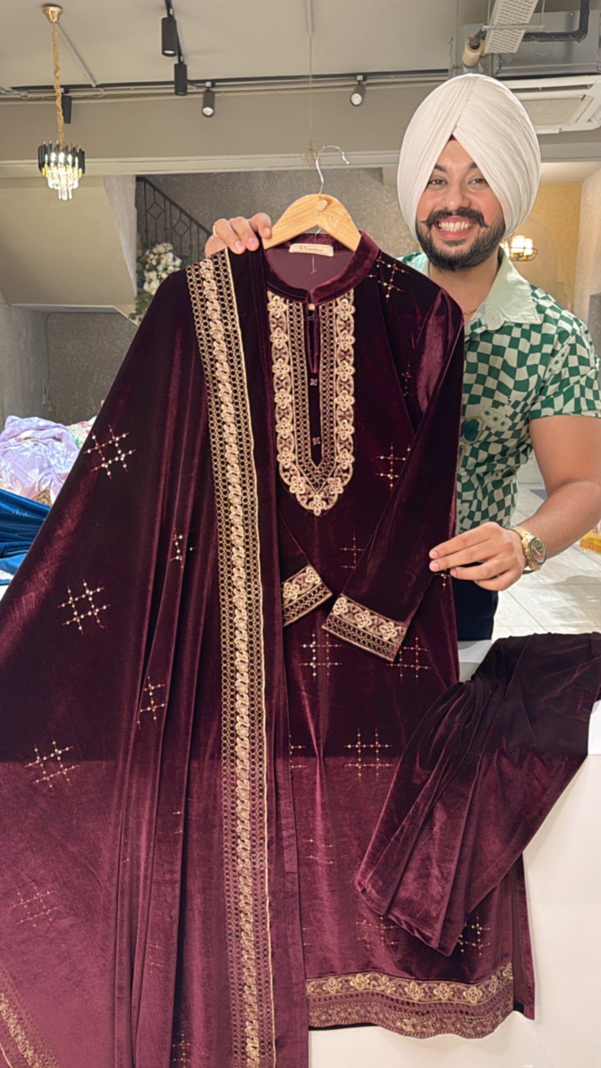 Wine Heavy Velvet Fully Stretchable Heavy Embroidered Straight Suit with beautiful Duppata
