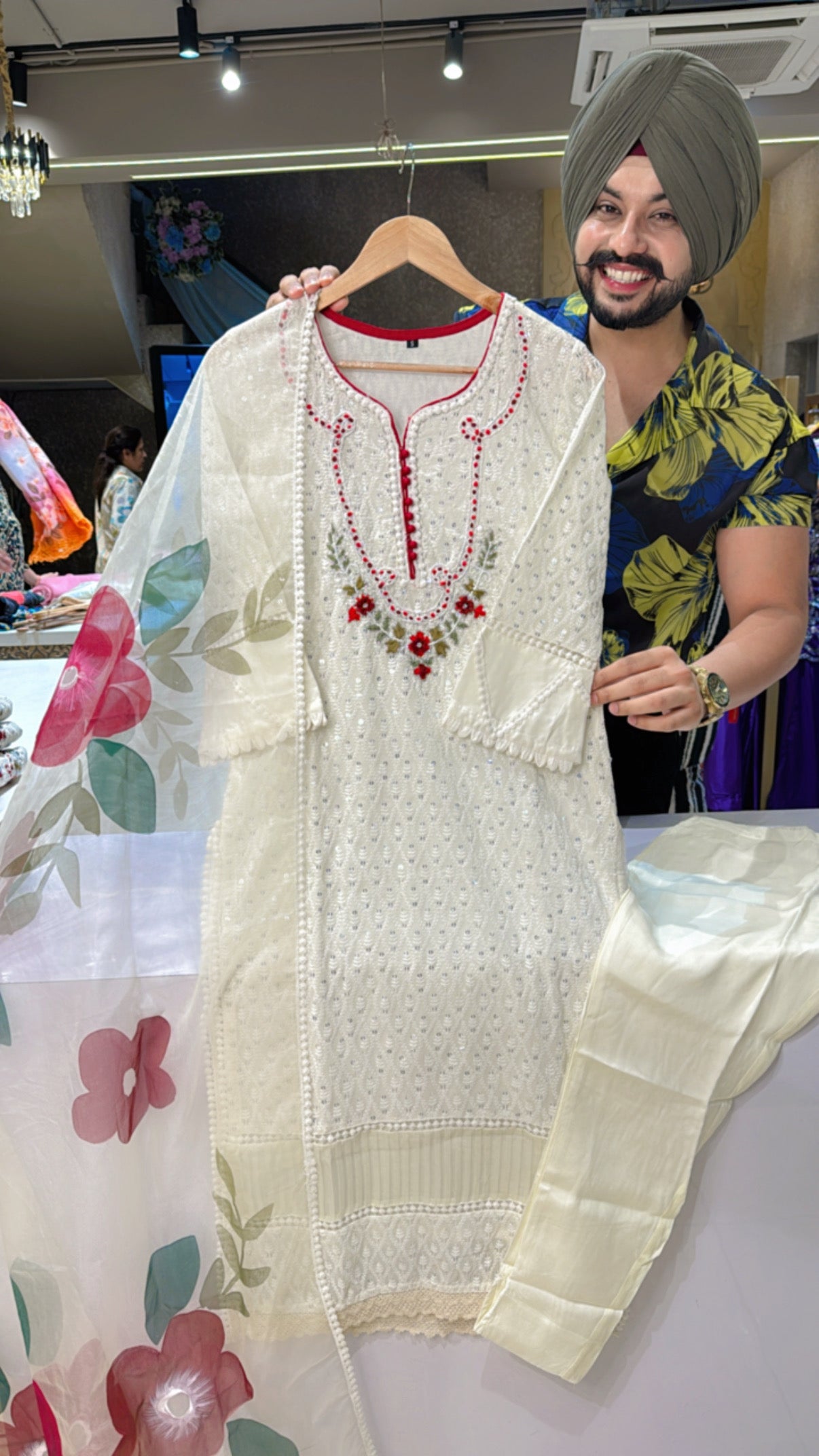 Off white & Reddish Maroon Pure Cotton Heavy self embroidered & sequins Work Straight Suit with Beautiful Floral Print Organza Duppata