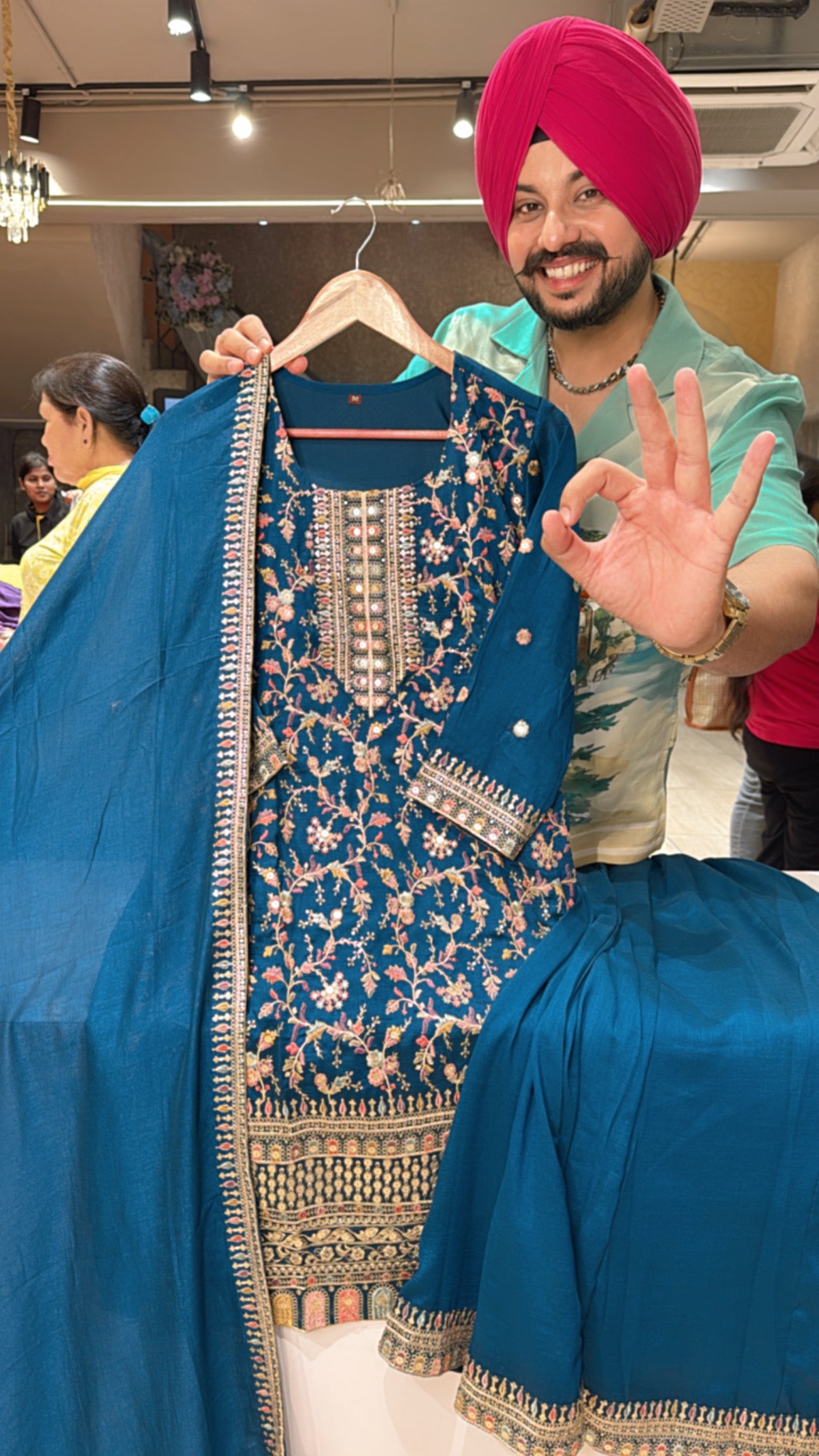 Teel Blue Chinon Heavy Embroidered party Wear Sharara Suit with Beautiful Duppata
