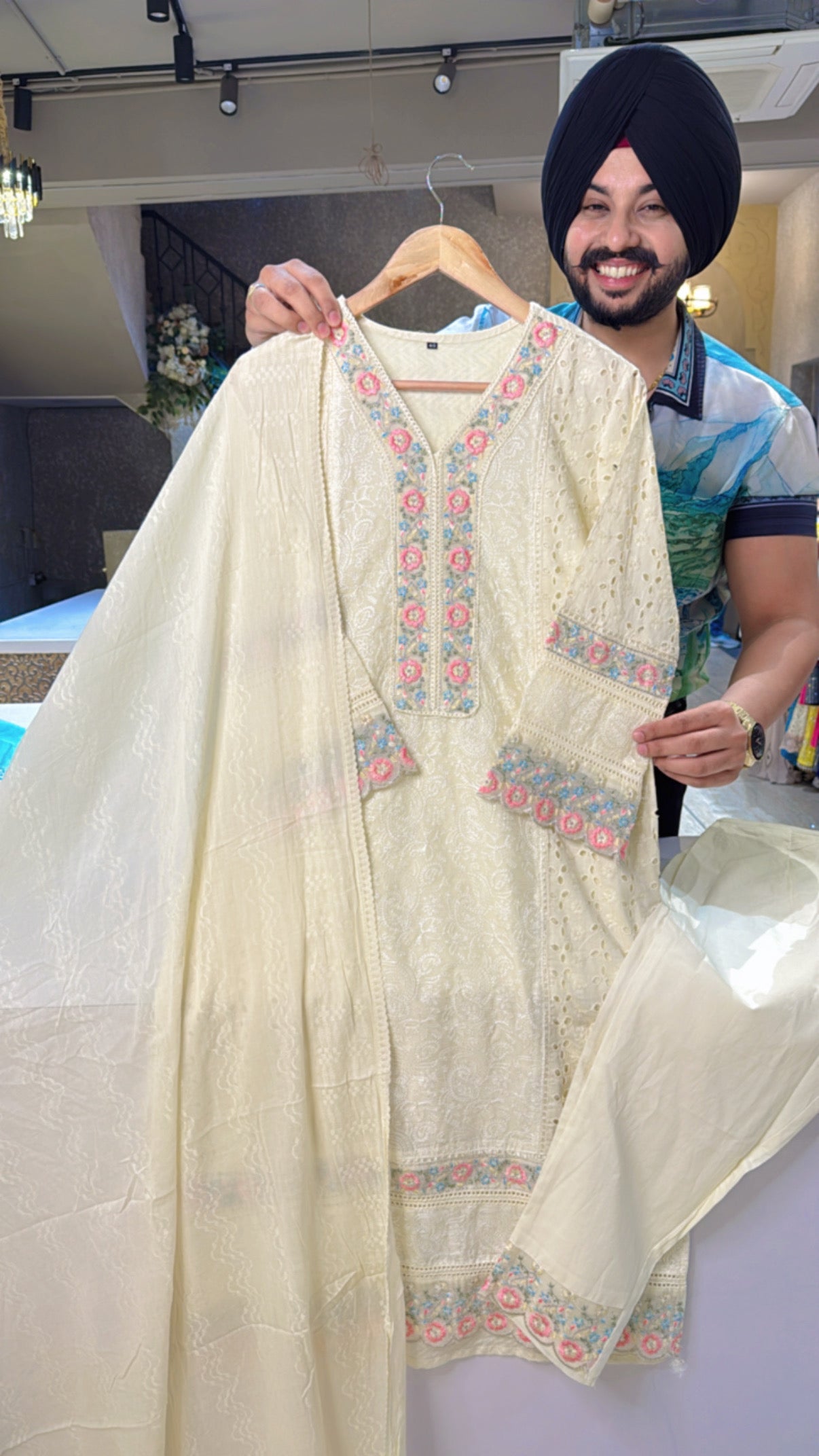 Off White Pure Cotton Embroidered & Shifli Work Pakistani suits