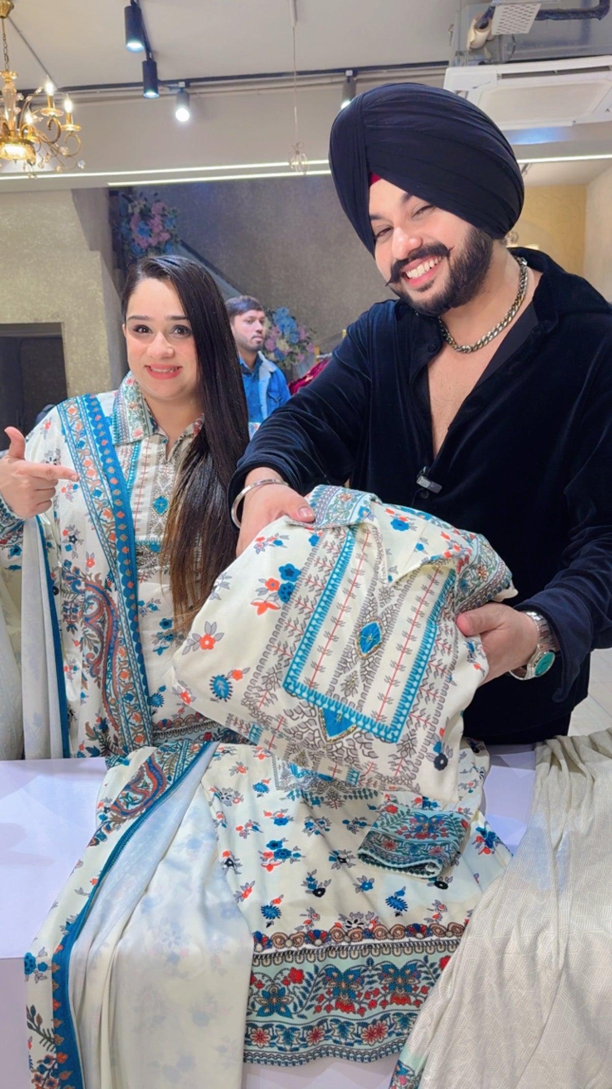 Moon White Strechable Collar Neck Floral Pront Indowestern Suit with Beautiful Velvet Duppata