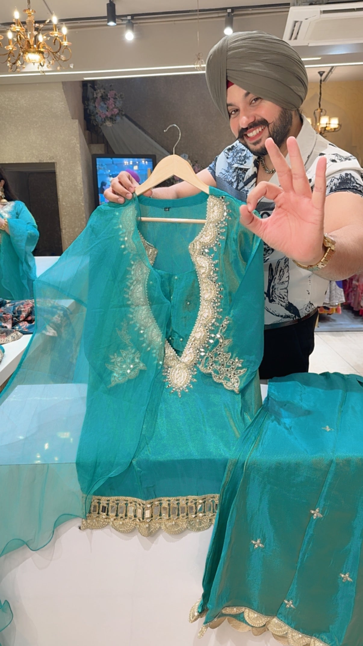 Sea Green Shimmer Silk Heavy Embroidered Indowestern Set with Stylish Bustier & Frill Duppata