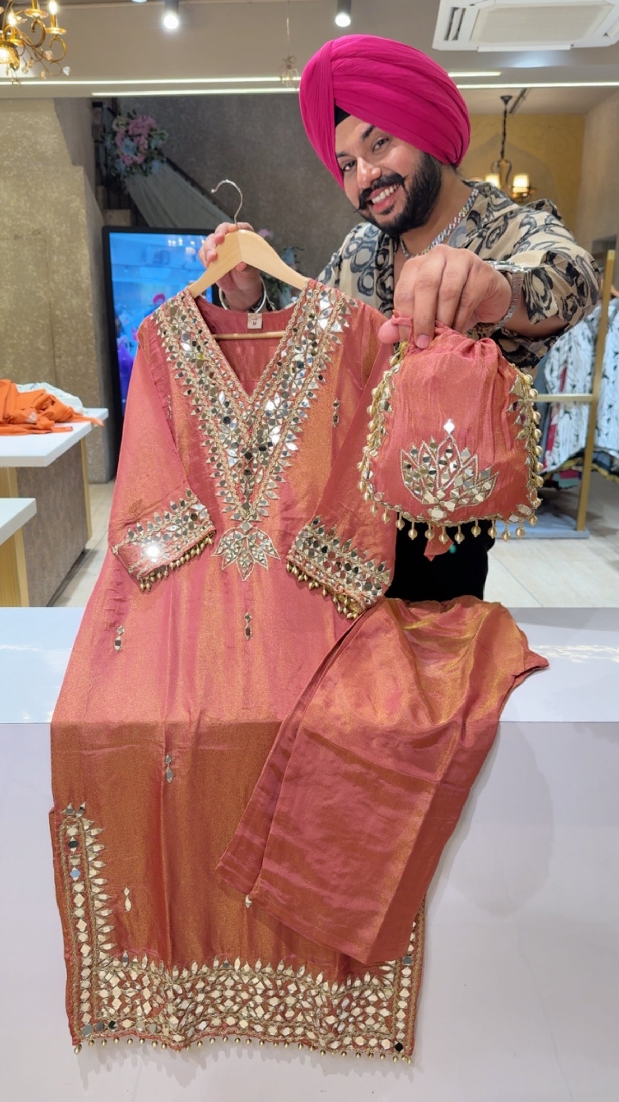 Onion Pink Shimmer Silk Heavy Mirror Work Party Wear Long Length Coord set with Beautiful Potli