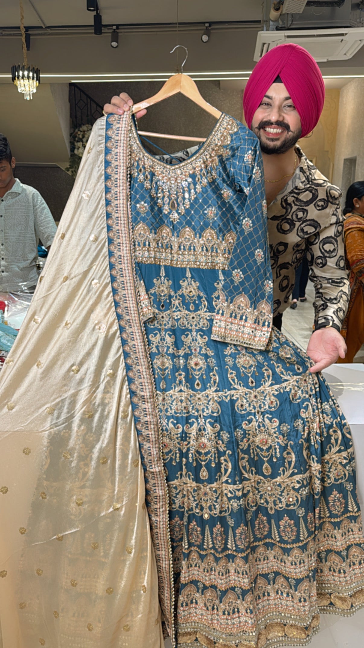 Teel blue Crepe Heavy Embroidered & Mirror Pasting Anarkali Gown with Beautiful Duppata