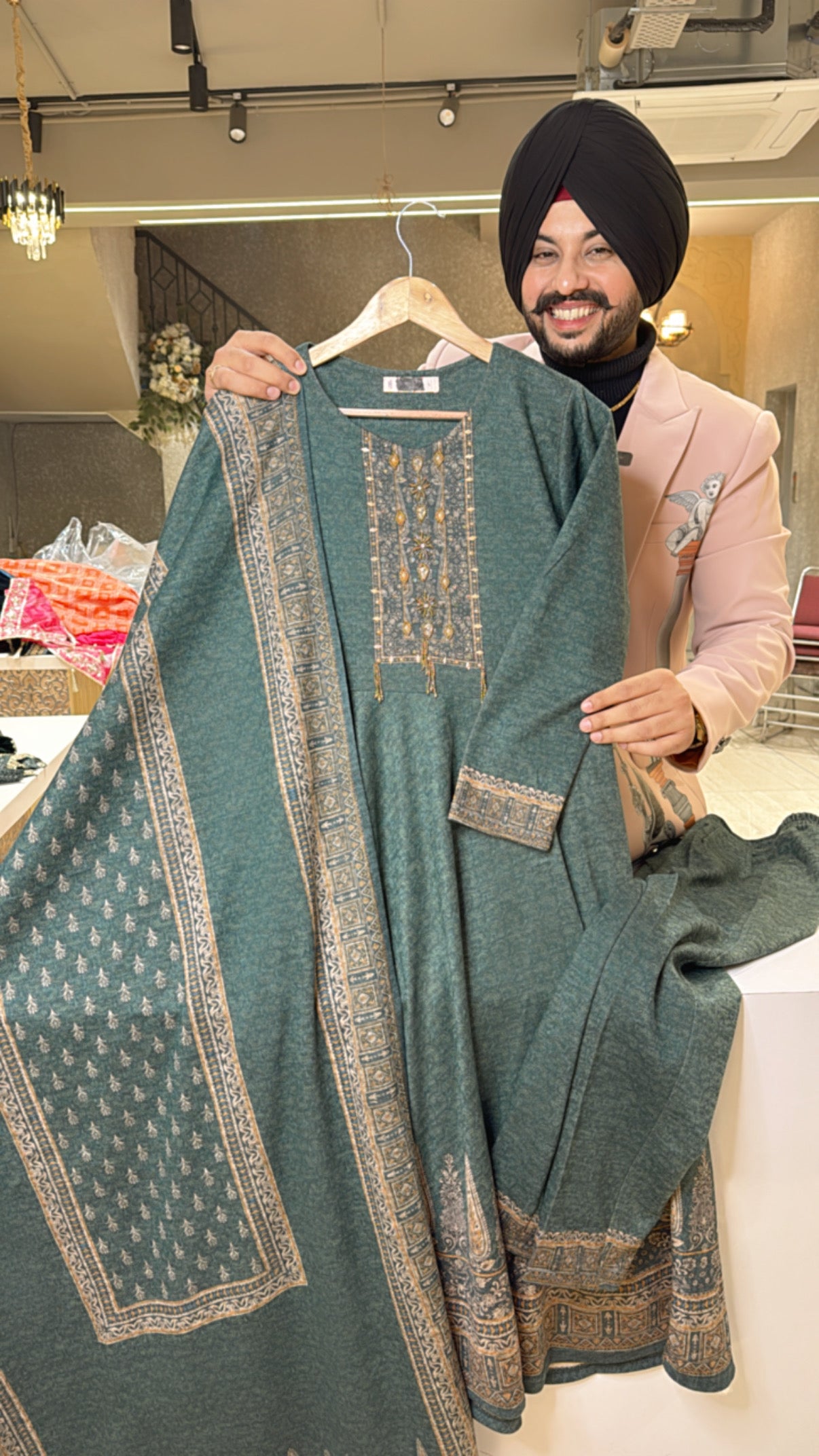 Matt Green Fully Strechable Karachi wool Anarkali suit