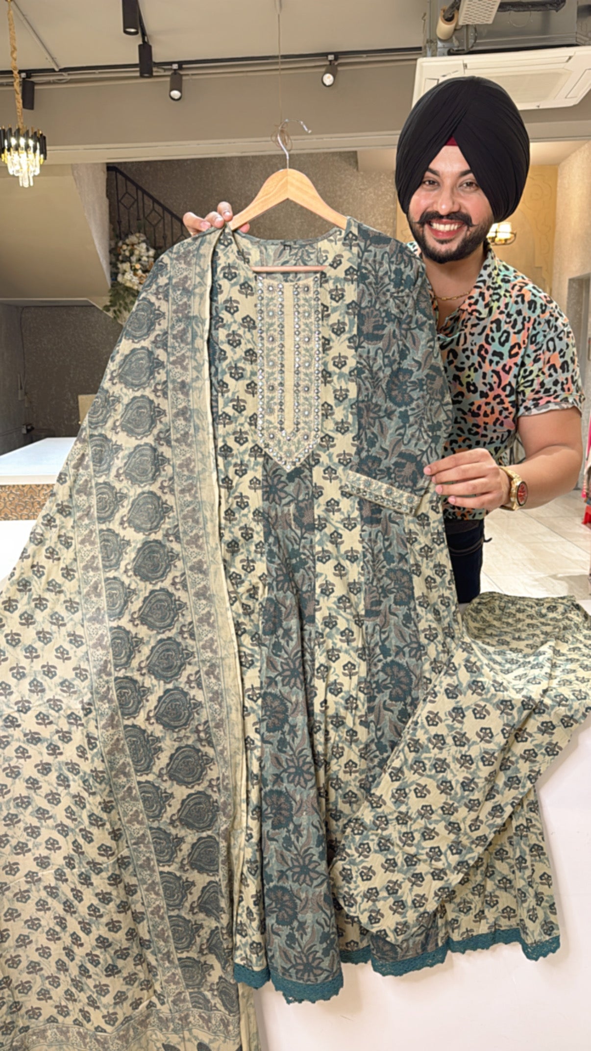 Beige & Teel Pure Cotton Office Wear Anarkali Suut with Beautiful Duppata