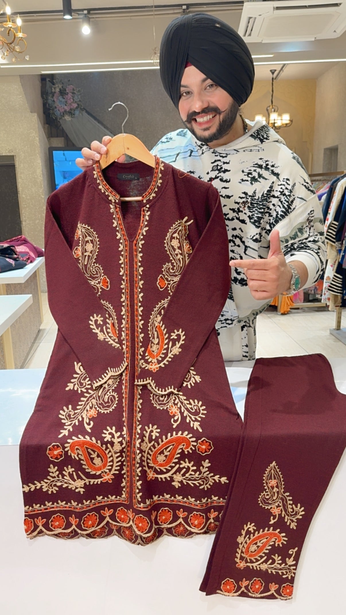 Maroon Kashmiri Embroidered Long Length Coord set